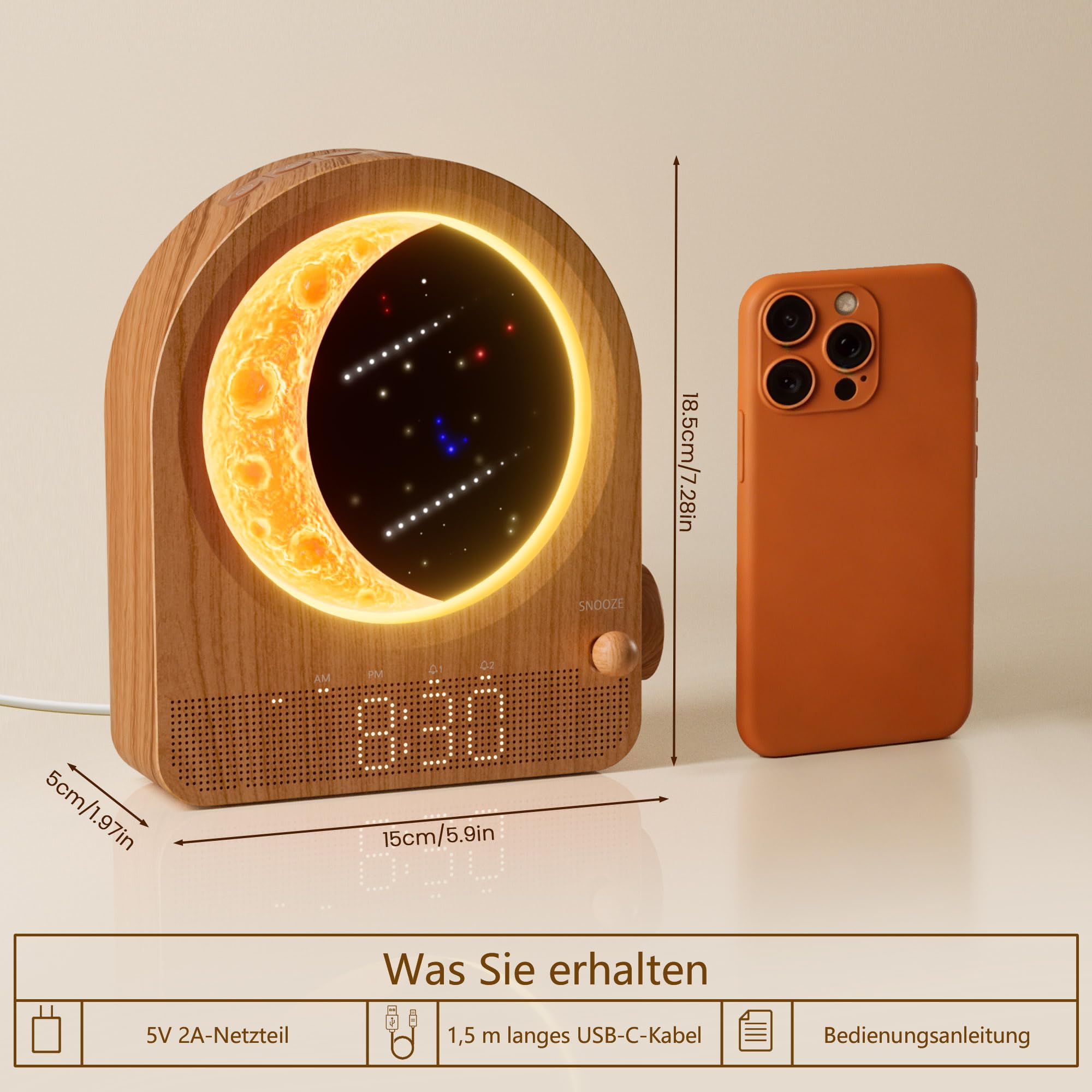 blonbar Wecker & Mondlampe, Nachttischlampe mit Lichtwecker, Tageslichtwecker, Nachtlicht mit 3 Helligkeitsstufen,10 Natürliche Klänge, Ideal für Schlafzimmer
