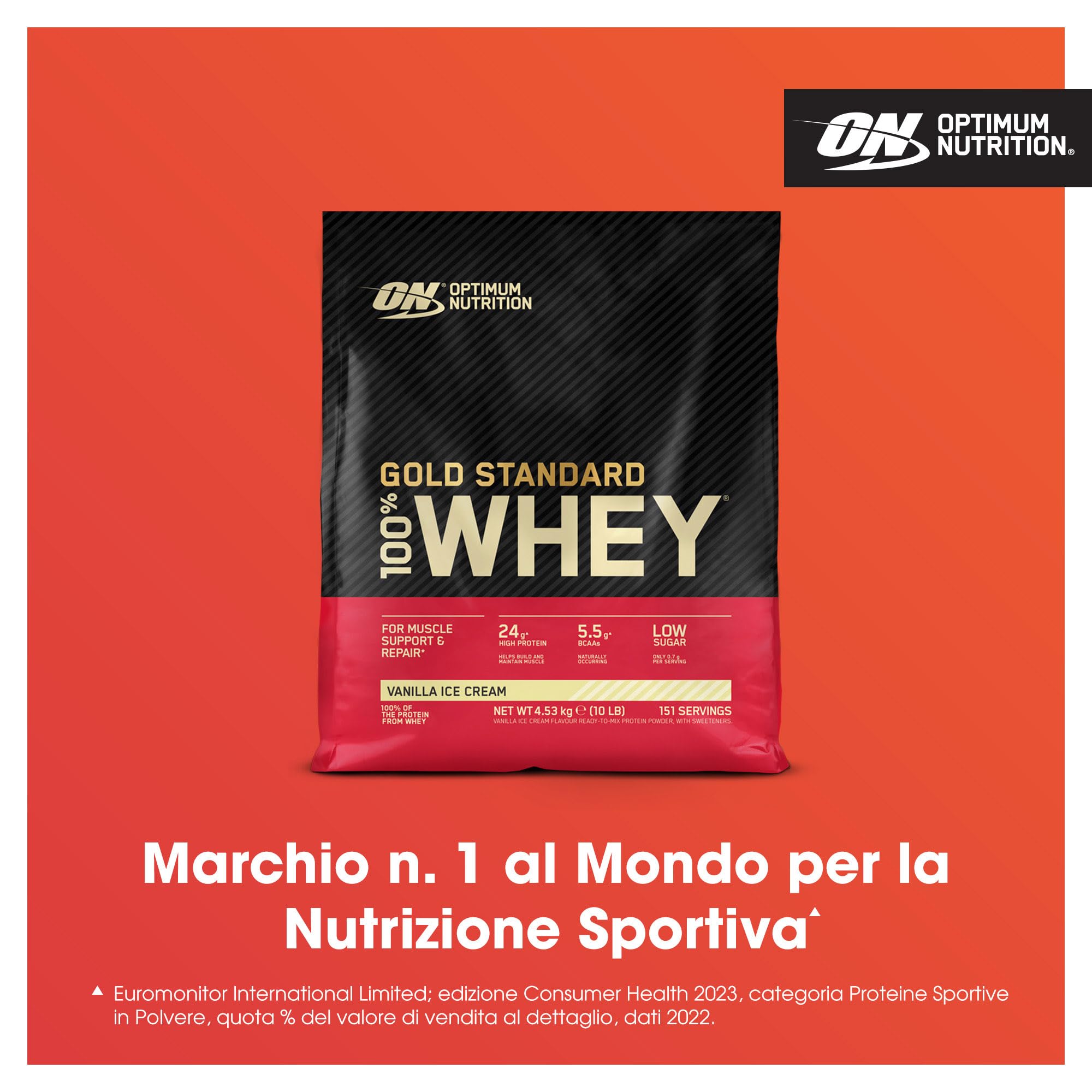 Optimum Nutrition Gold Standard 100% Whey, Proteine in Polvere, Gusto Gelato alla Vaniglia, 4.53kg, 151 Porzioni