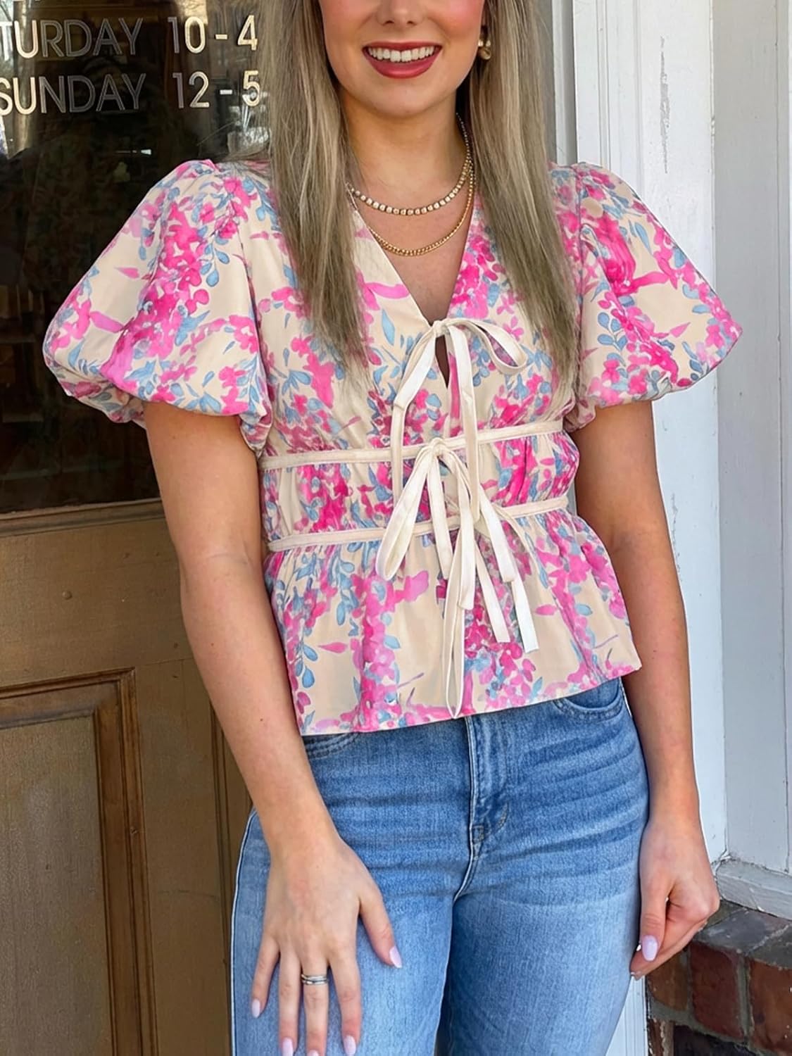 Cicy Bell Womens Puff Sleeve Tie Front Tops Summer Babydoll Peplum V Neck Blouse Casual Dressy Pleated Floral Print Shirts - Image 3