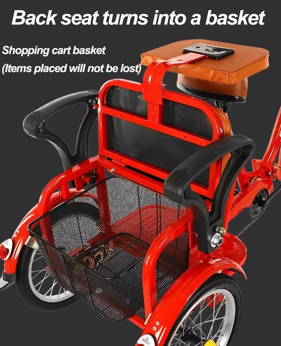 3 Wheels Bicycle with Rear Vegetable Basket,Comfortable Back seat with Lifted up armrest,Folding tricycles for Adult and Elderly,Tandem trikes for Hanging Out (red 16 in)