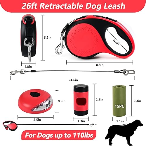 Miniatura 14 de Correa retráctil resistente para perros grandes, correa de perro de 26 pies con soporte para bolsa de excrementos de hasta 110 libras, con cable a