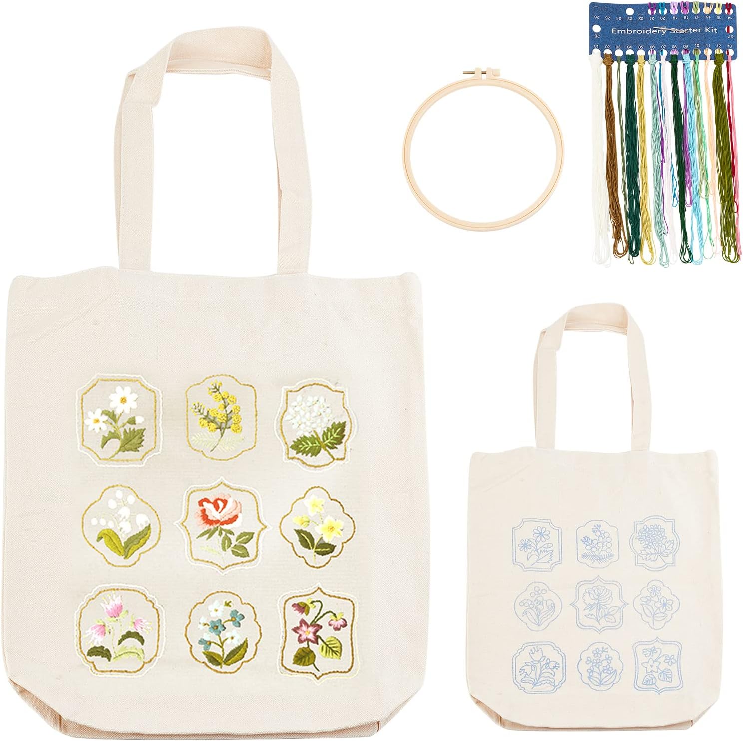 Kit Broderie DIY Sac En Toile - Taille Finie 24x18,5 Cm, Fil 10 Couleurs, Cerceau Et Aiguilles Inclus, Motif Floral