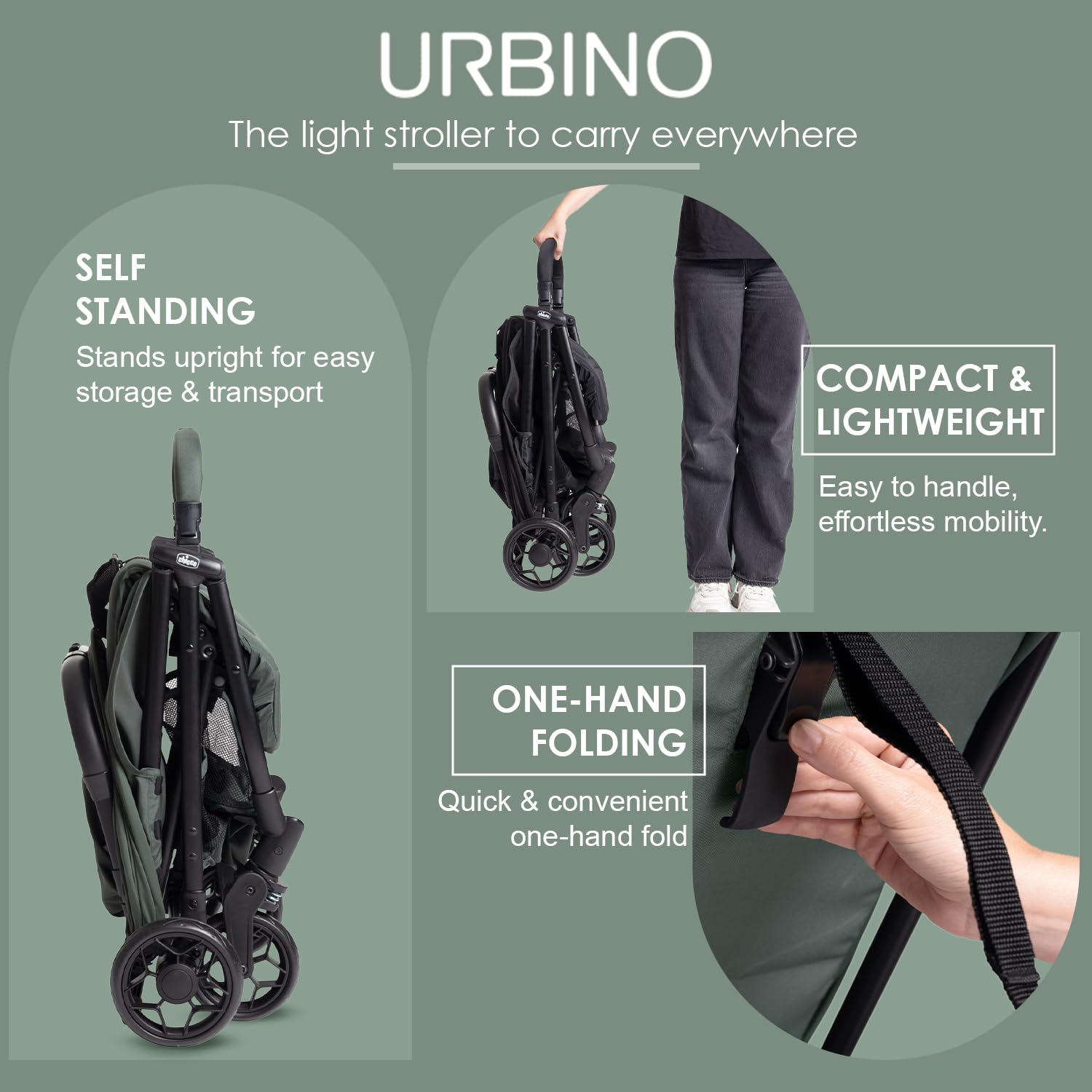Chicco Urbino, Wózek 0+ miesięcy - 22 Kg, Lekki Wózek Spacerowy z Inteligentnym i Kompaktowym Składaniem, Rozdkładana Budka z Powłoką Przeciwdeszczową i UV50+, Odchylane i Regulowane Oparcie, Podnóżek