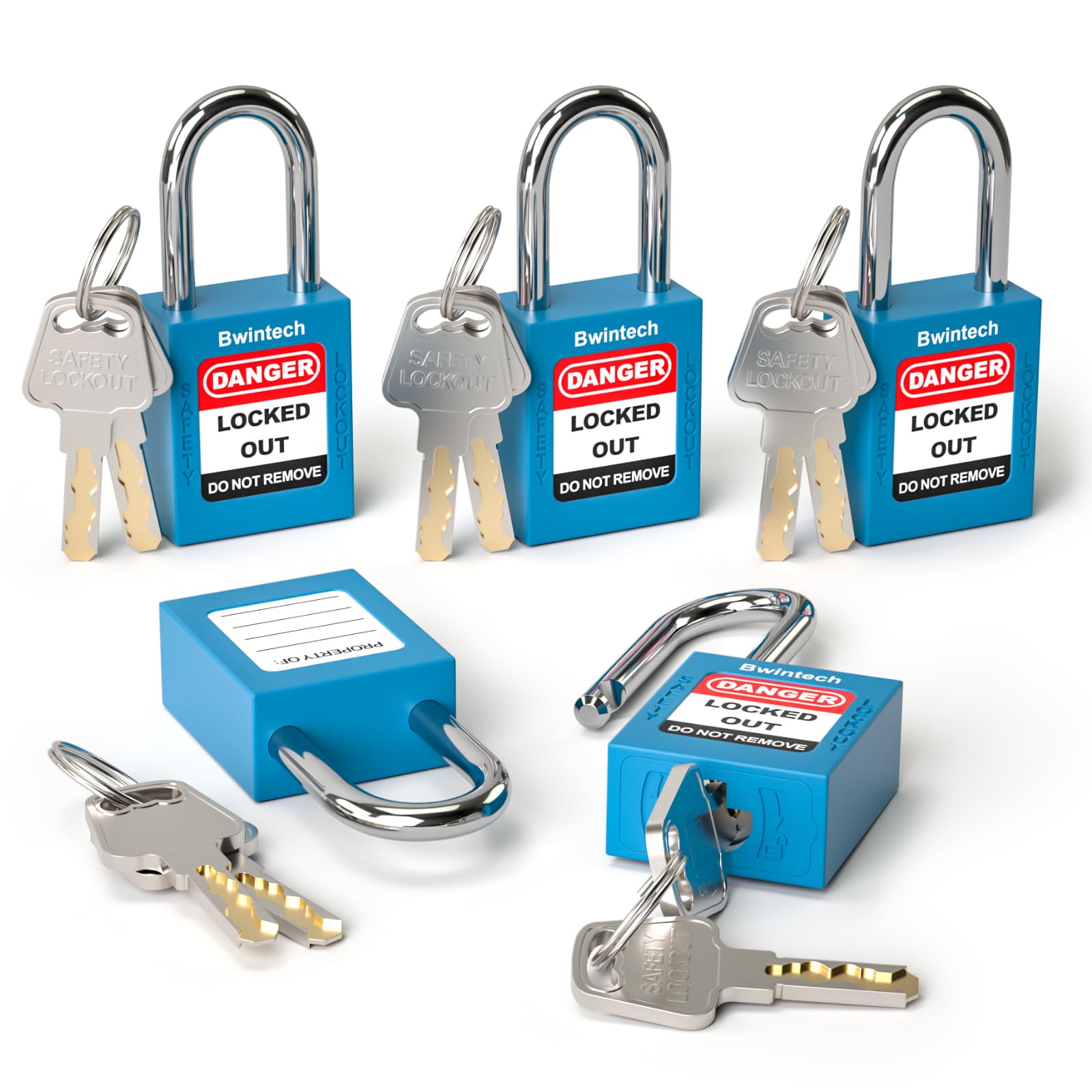 Candado de seguridad azul con llave diferente Bwintech para dispositivos de bloqueo 5 uds