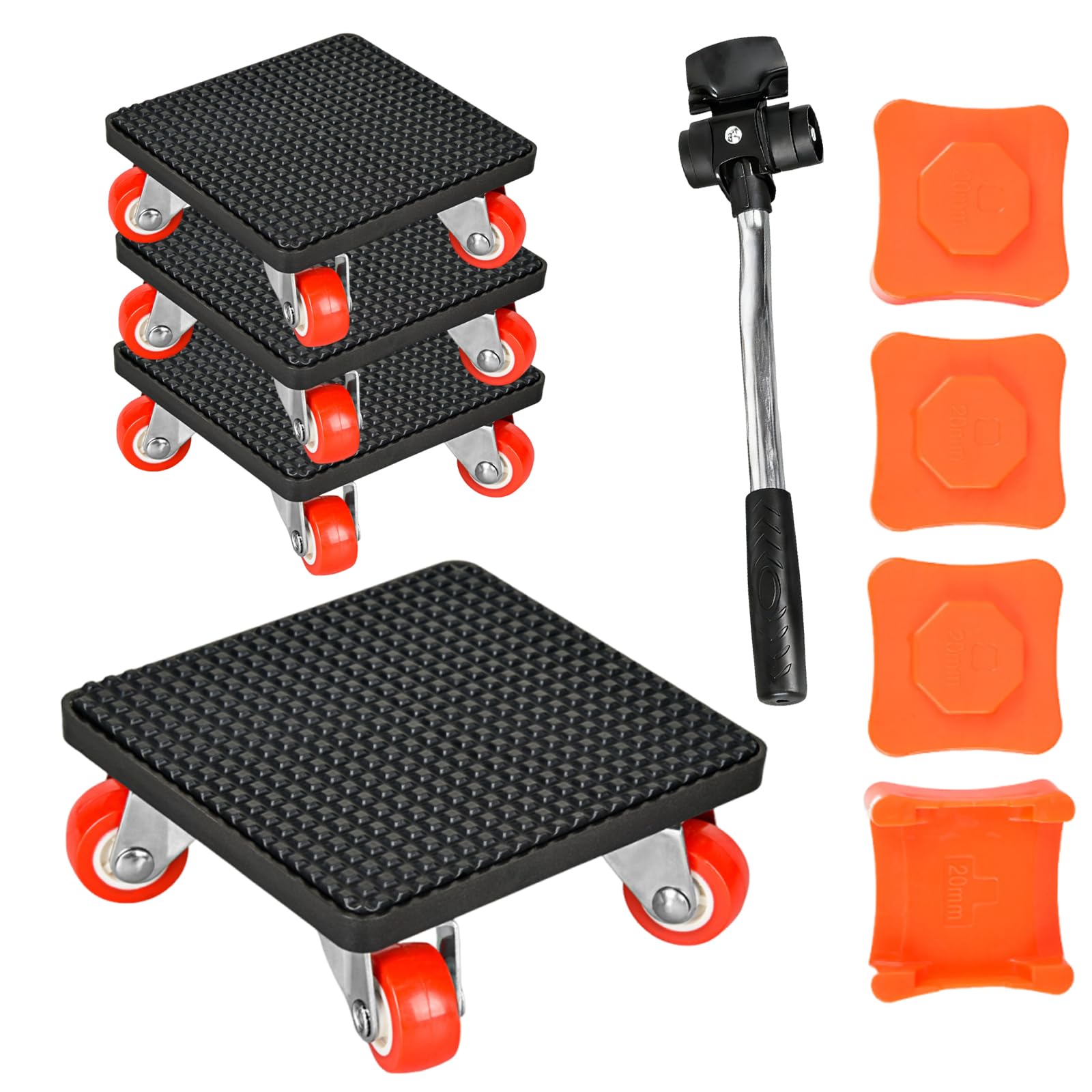 Leve Meuble Lot de 9 Pièces avec Barre d'Extension 32 cm, 4 Blocs de Levage, Charge Maximale 500 kg, 4 Roues Rotatives à 360°, Kit pour Déplacement Meubles Lourds