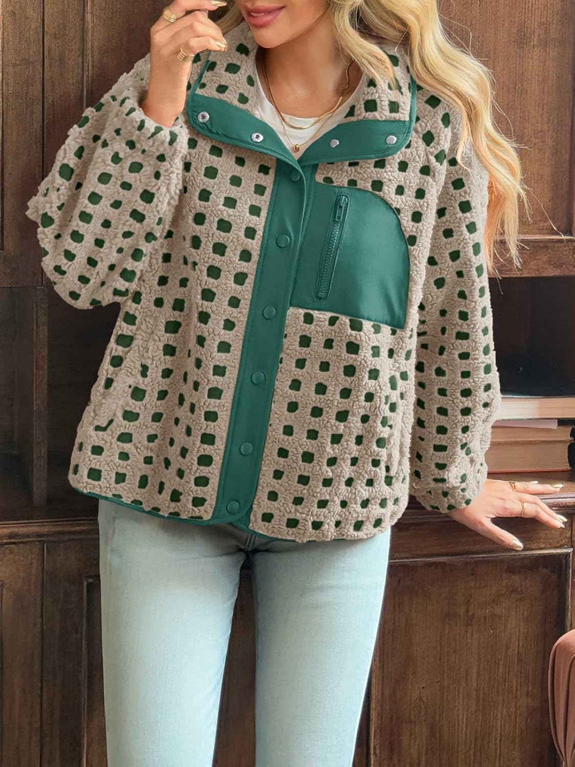 Tankaneo Womens Fleece Sherpa Jacket Fuzzy Checkered Button Down Stand Collar Jacket Winter Warm Outerwear - Image 4