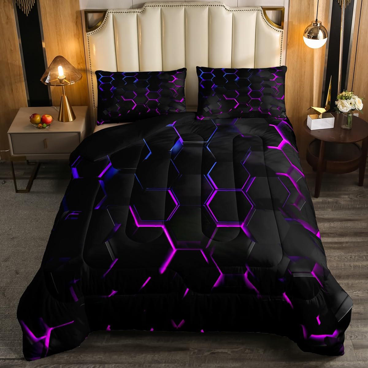 Erosebridal Boys Hexagonal Bedding Set Queen Size 3D Geometric Honeycomb Kids Comforter Sets Teen Girl Black Blue Purple Ombre Beehive Down Comforter