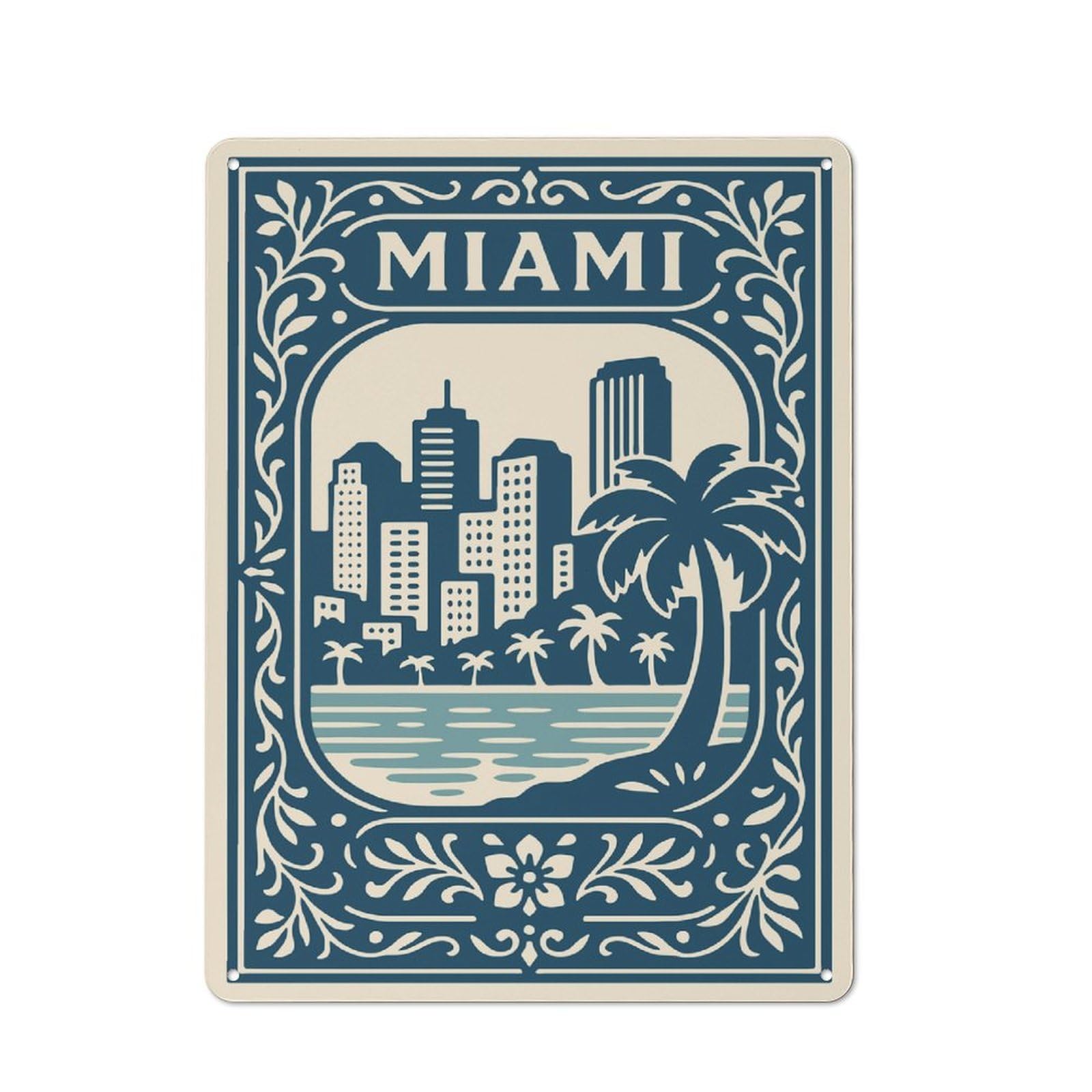 Miami Cityscape Decorative Illustration Decorative Metal Plaque 40x30cm, Shop Front Style Bistro Wall Plaque for Tea Room, Shop Wall Or Breakfast Area