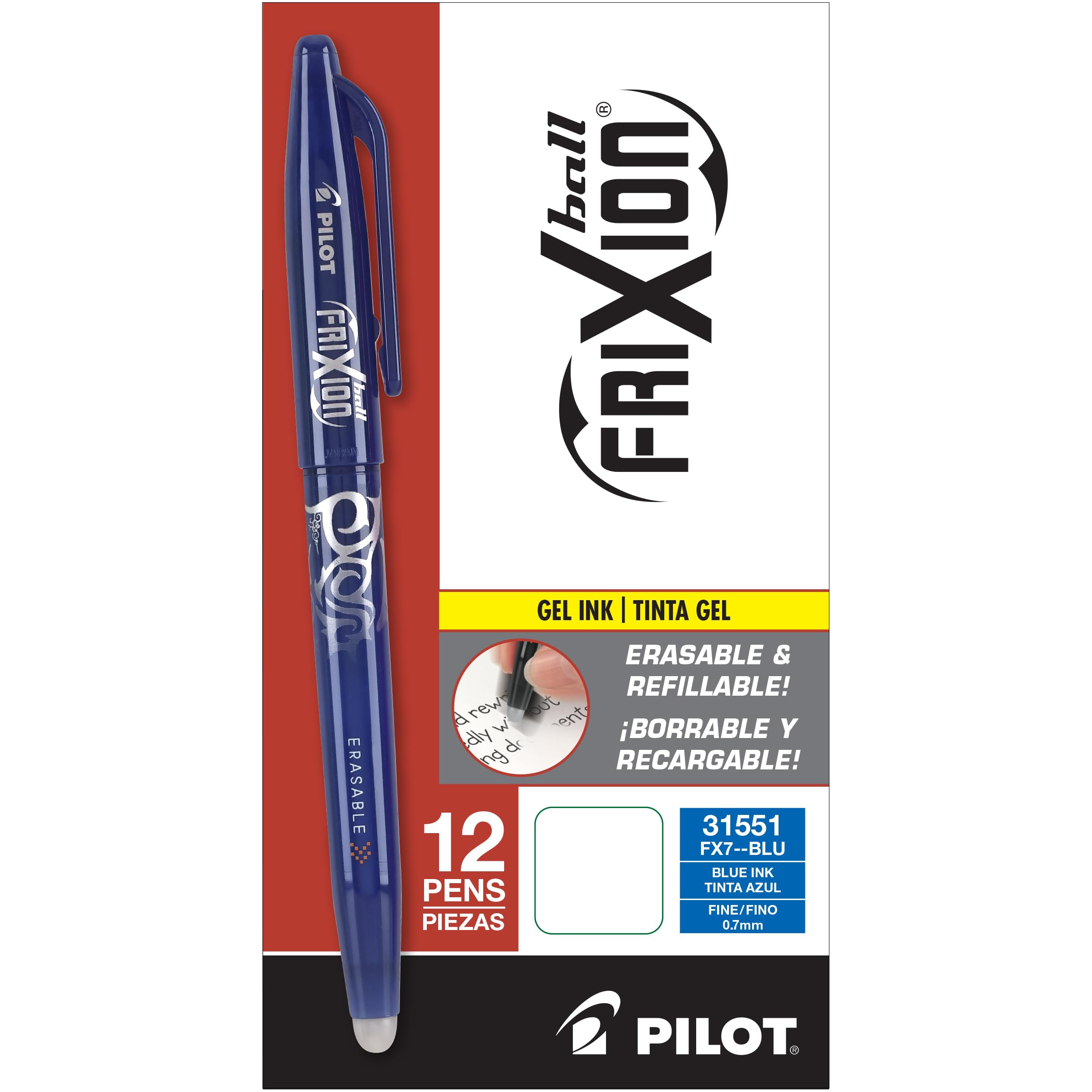 Pilot, FriXion Ball Erasable & Refillable Gel Ink Pens, Fine Point 0.7 mm, Pack of 12, Blue