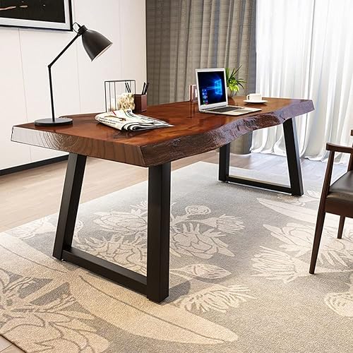 Miniatura 3 de Escritorio de madera maciza de metal para computadora de oficina en casa, escritorio largo de pino antiguo natural con borde ondulado, soporte de