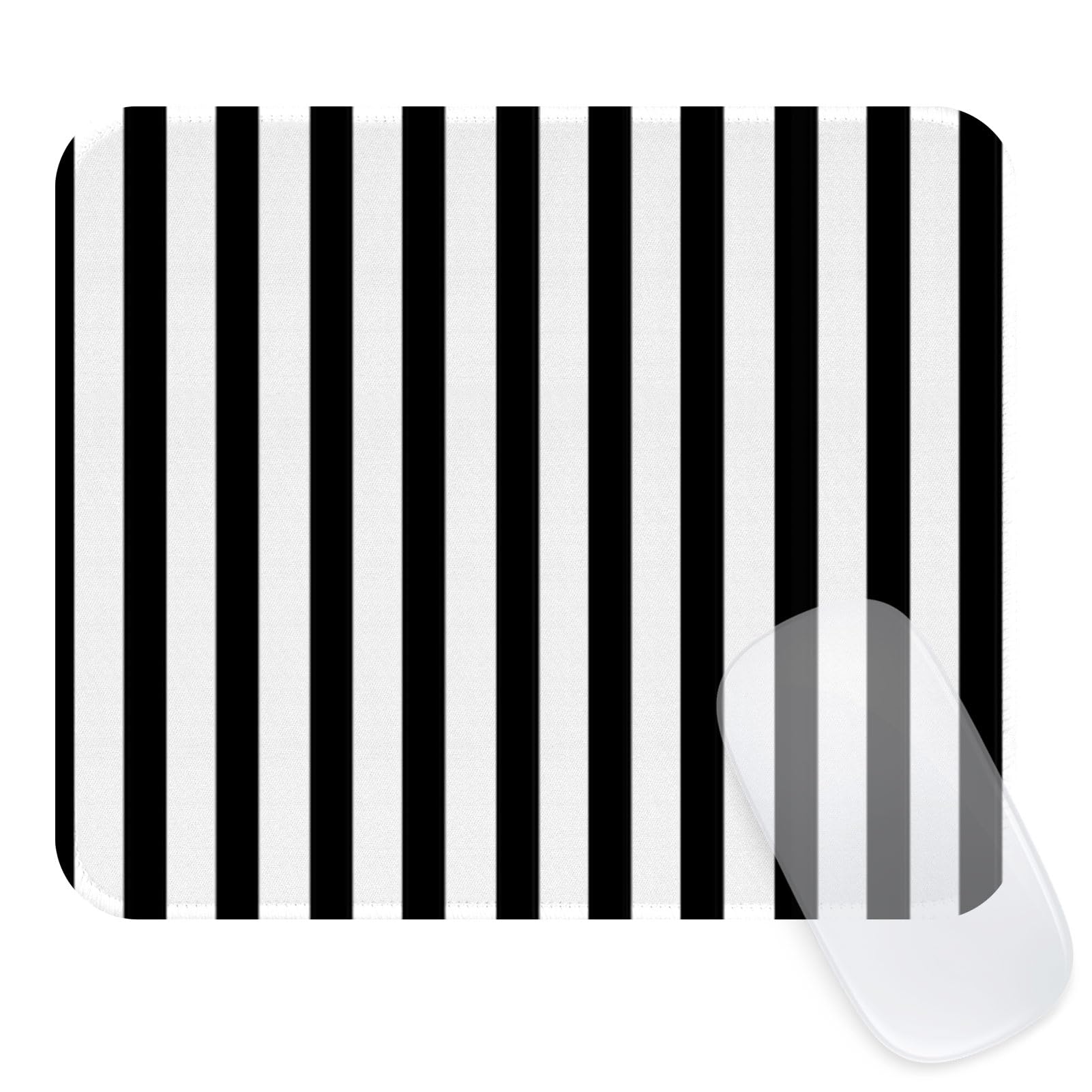 Square Cute Striped Mouse Pad with Stitched Edge, Premium Waterproof Cloth Aesthetic Small Mouse Mat, Non-Slip Rubber Base Simple Funny Mousepad Desk Accessories,Black and White