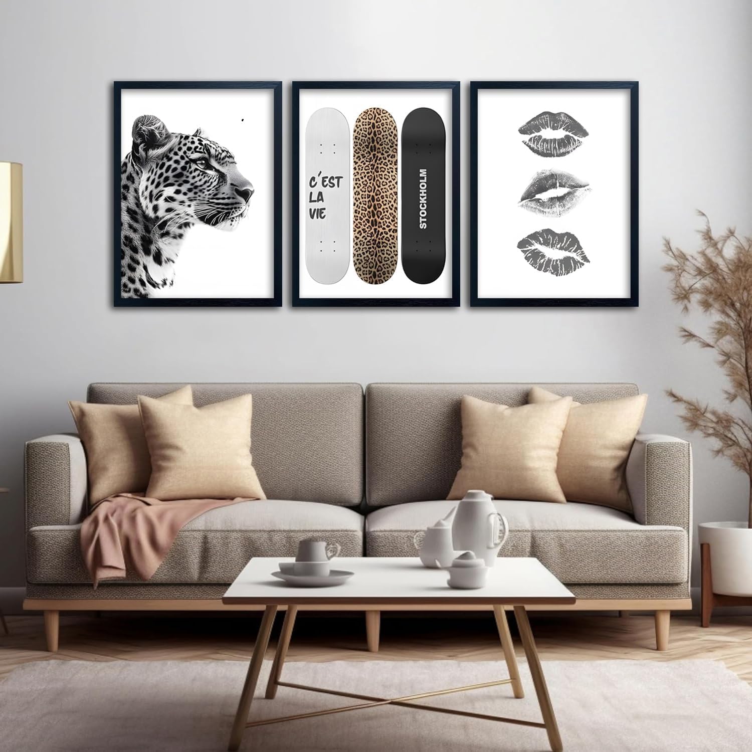 Framed Stockholm Style Canvas Wall Art Set of 3 Black and White Fashion Leopard Print Lips, Preppy Room Aesthetic Cheetah Wall Decor for Girls Bedroom Apartment or Dorm 24x16 Inch Black Wood Frame