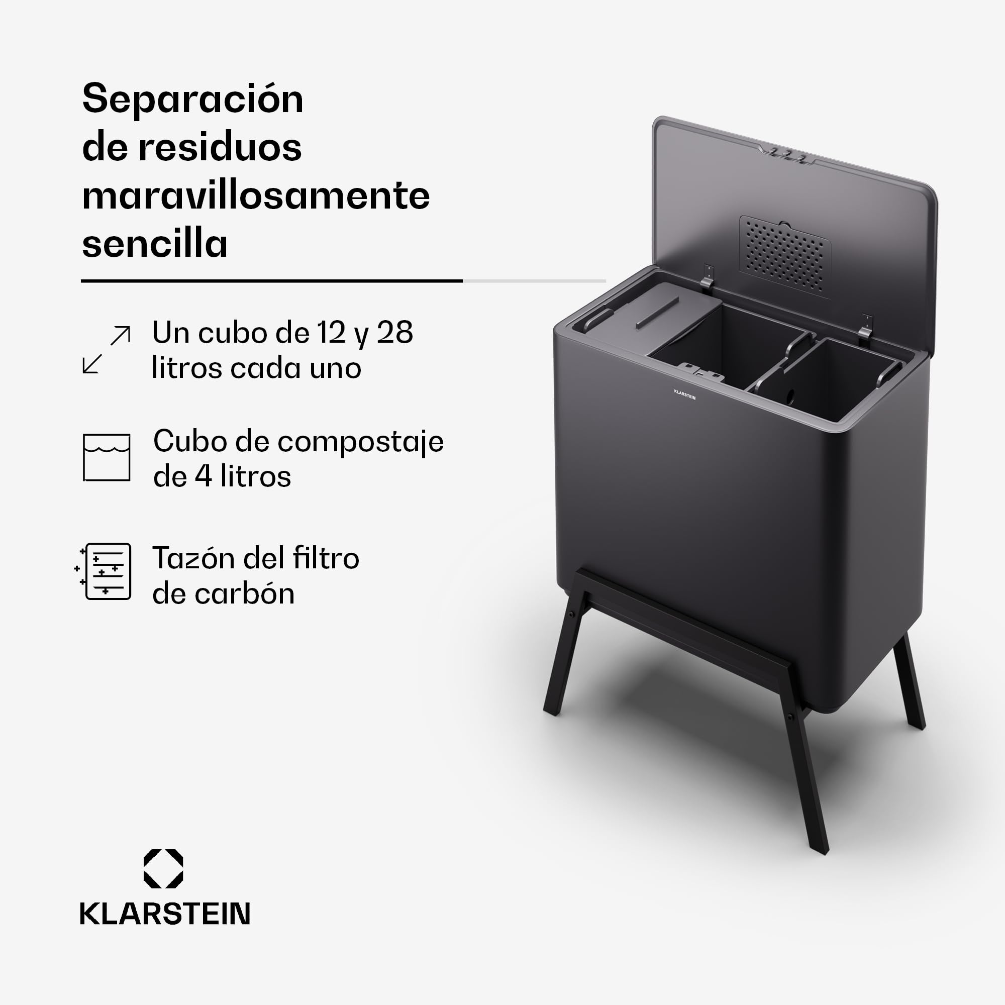 KLARSTEIN Yuma Cubo de basura cocina - 44L con 3 compartimentos, cubo de compost y filtro de olores, con filtro de carbón, acero inoxidable, patas elegantes, reciclaje fácil, negro