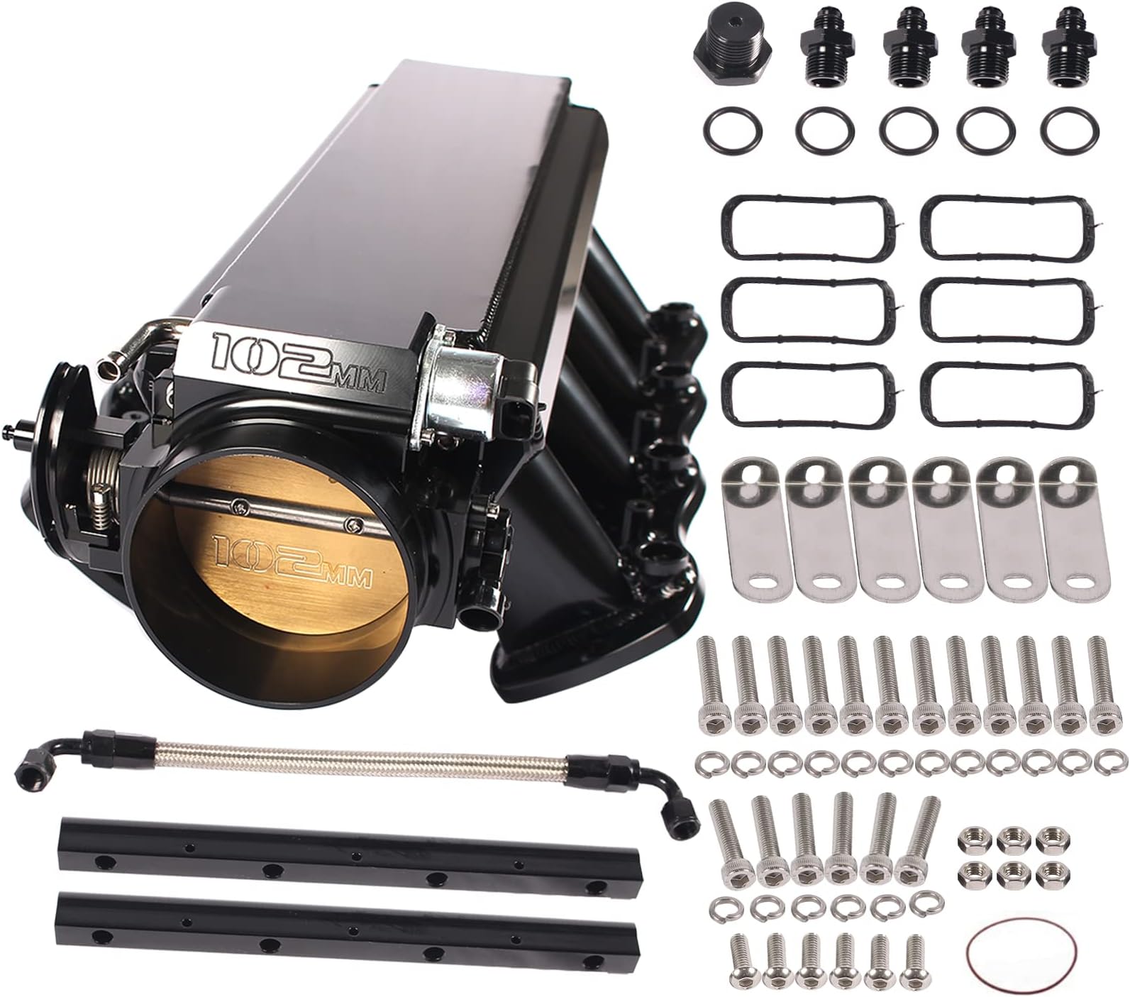 LS Intake Manifold with 102mm Throttle Body Fuel Rails Kit Replacement for GM Chevy Chevrolet Pontiac 4.8 5.3 6.0 6.2 LS LS1 LS2 LS6 Sheet Metal Al Fabricated Black