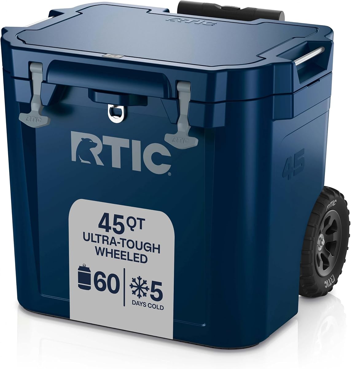 Enfriador duro ultrarresistente con ruedas RTIC de 45 cuartos de galón | Caja de hielo portátil para playa, bebidas, camping, picnic, pesca, barco, barbacoa, construcción rotomoldeada