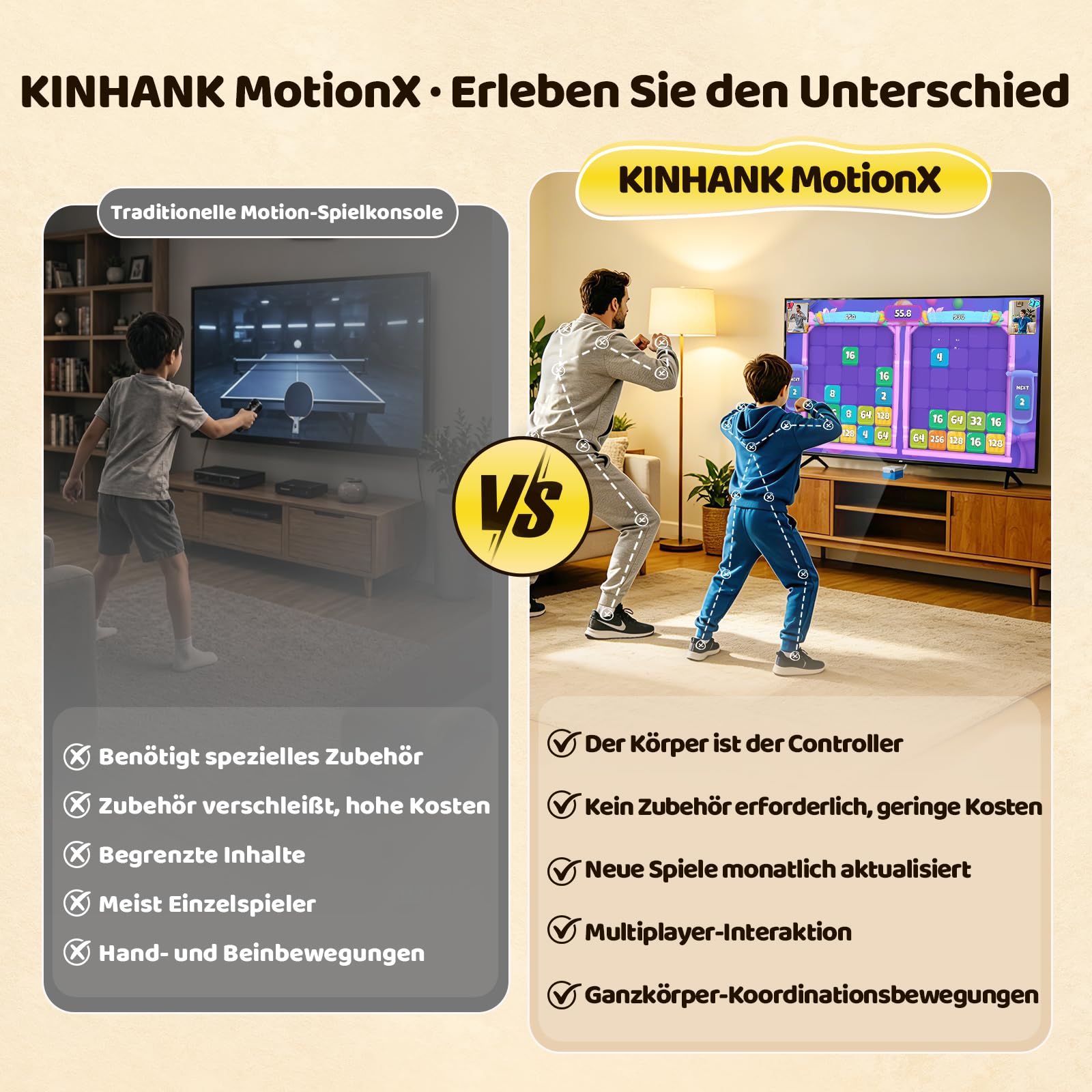 KINHANK MotionX Spielkonsole für Kinder & Familie mit KI-Bewegungserkennung | Kein Abonnement Nötig, Monatliche Updates, Keine Controller Erforderlich, Interaktives Videospielsystem für die Ganze Familie