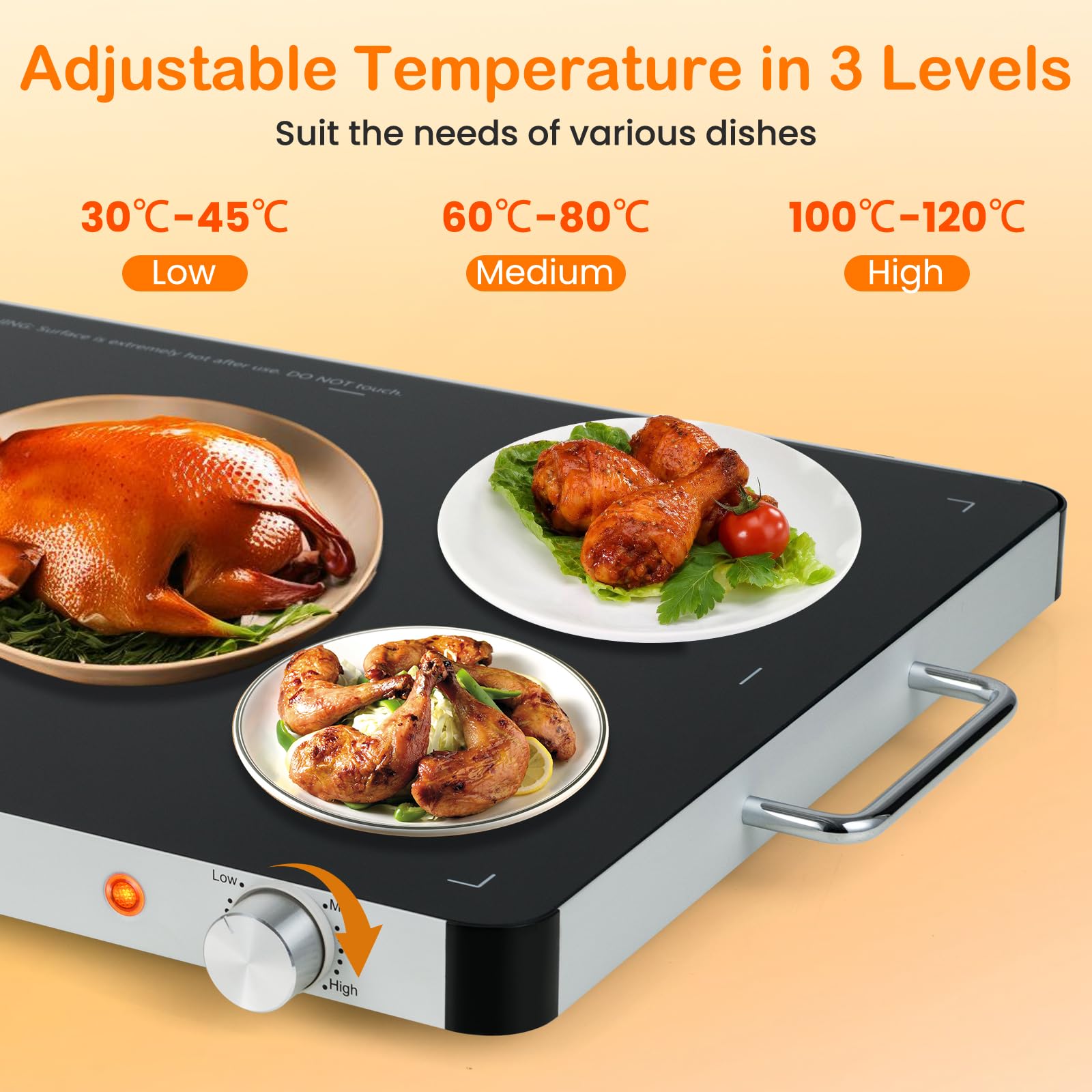 SOARS Chauffe Plat Électrique 400 W, Buffet Chauffant Température Réglable de 30-120℃, Plateau 52 X 39 CM, avec Poignée Cool-Touch, Surface en Verre Trempé, pour Diverses Tablewar, Maison, Fêtes