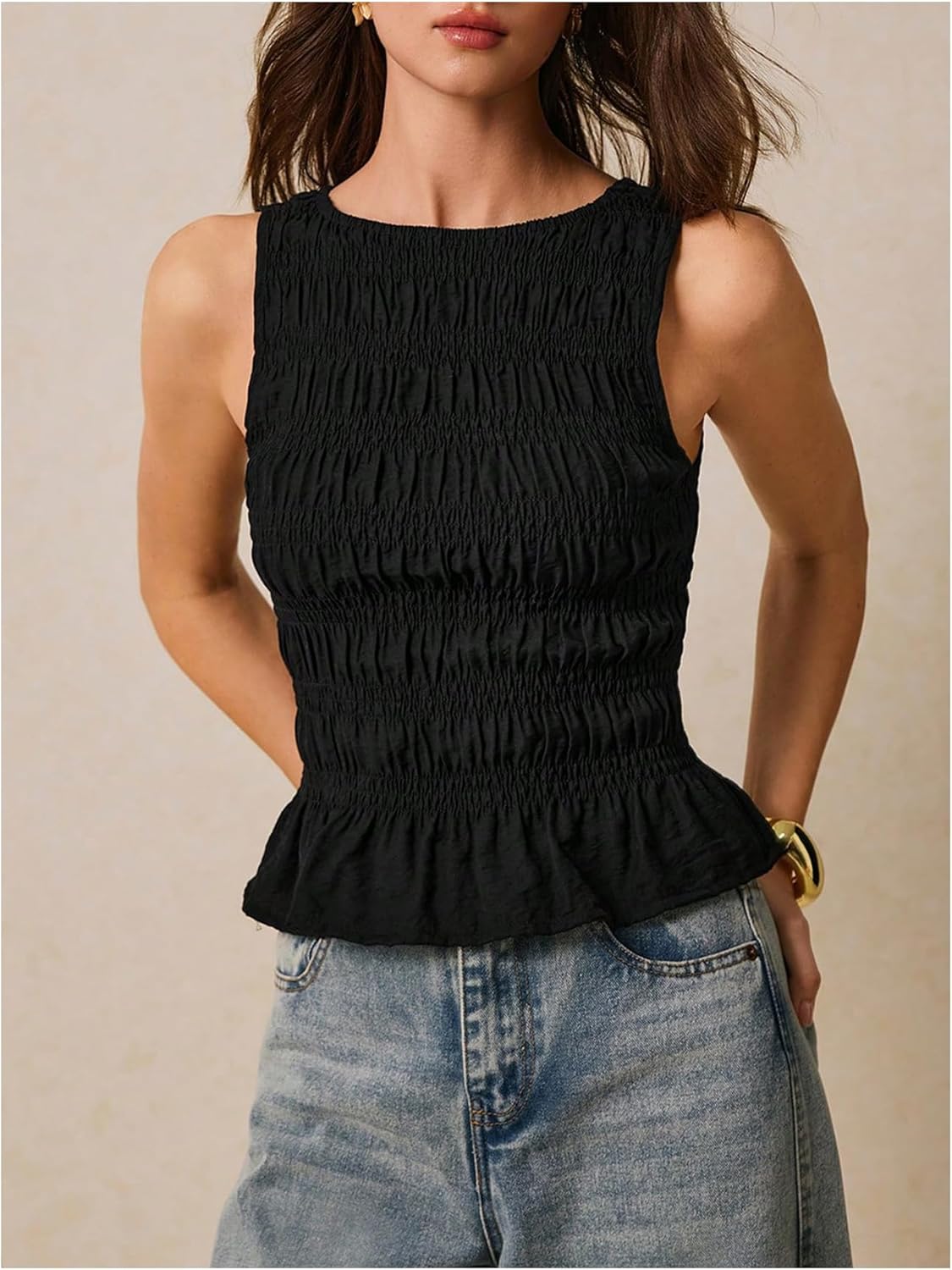 Milumia Women's Sleeveless Crewneck Frill Smocked Ruffle Crop Top Shirred Tank Top Shirt - Image 2