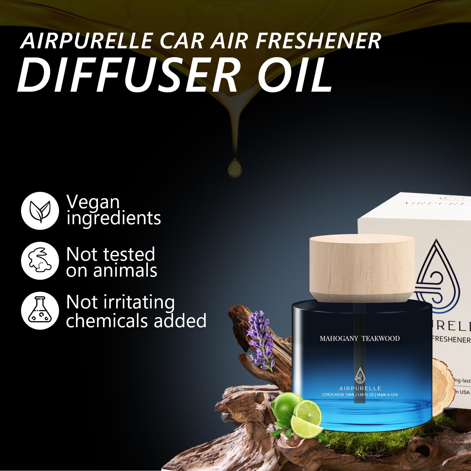 Ambientador de coche para hombres y mujeres – Difusor de aceite esencial de madera de teca de caoba de larga duración para portavasos de coche – Difusor de aroma de coche de 50 ml, inspirado en el
