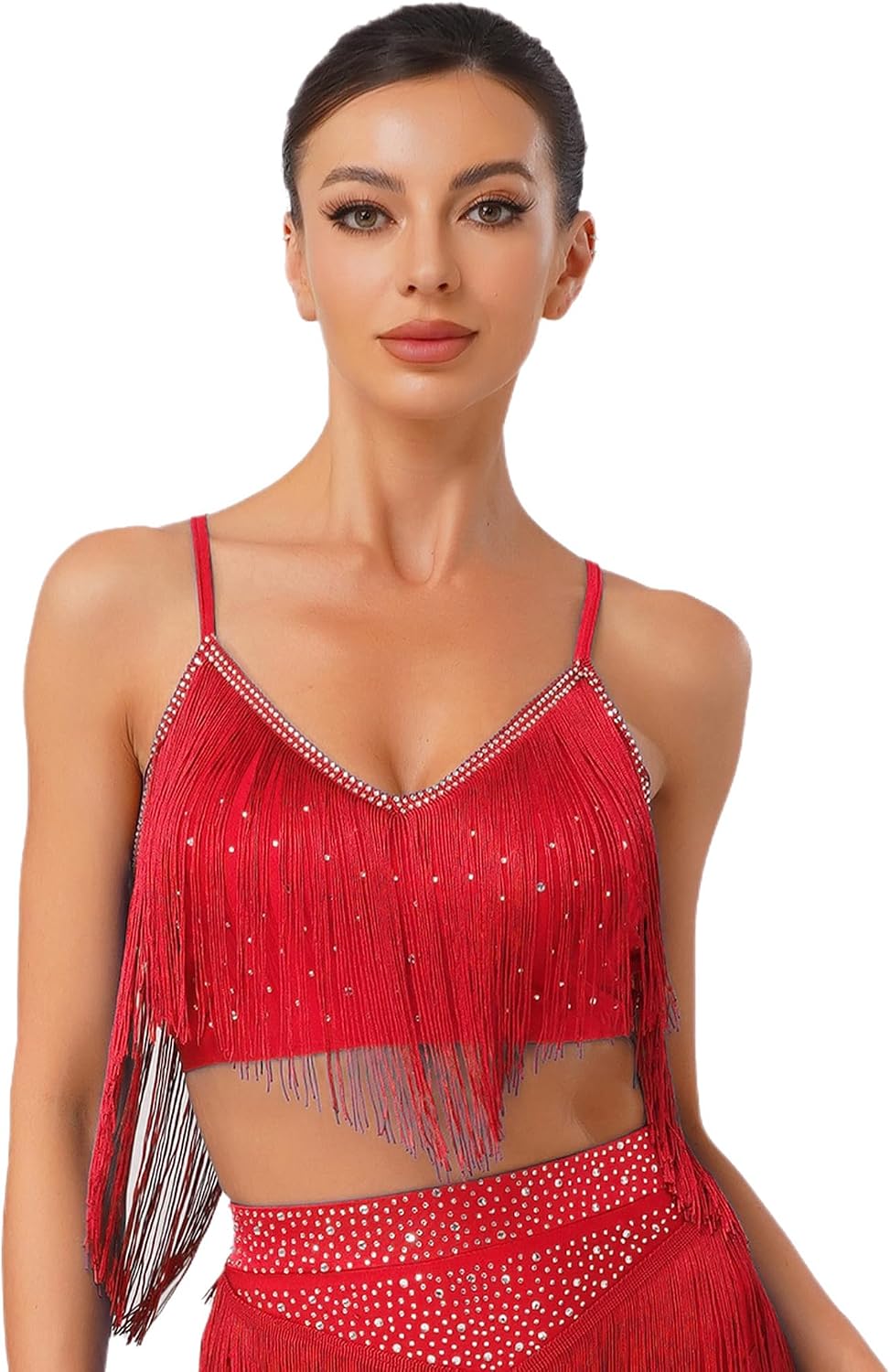 Shinsto Women's Modern Dance Tops V-Neck Sleeveless Fringe Crop Top Ballroom Latin Dance Costume