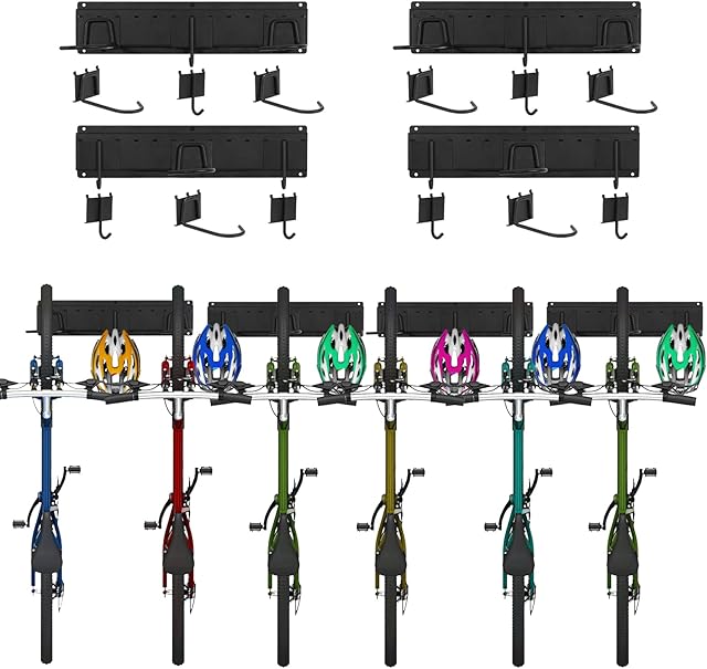 Bike Storage Rack, Wall Mounted Bike Hanger for Garage with 6 Bicycles Racks and 6 Helmets, Adjustable Vertical Cycling Stand - Secure Hook - Holder for Road or Mountain Bicycles, Max capacity 600lbs