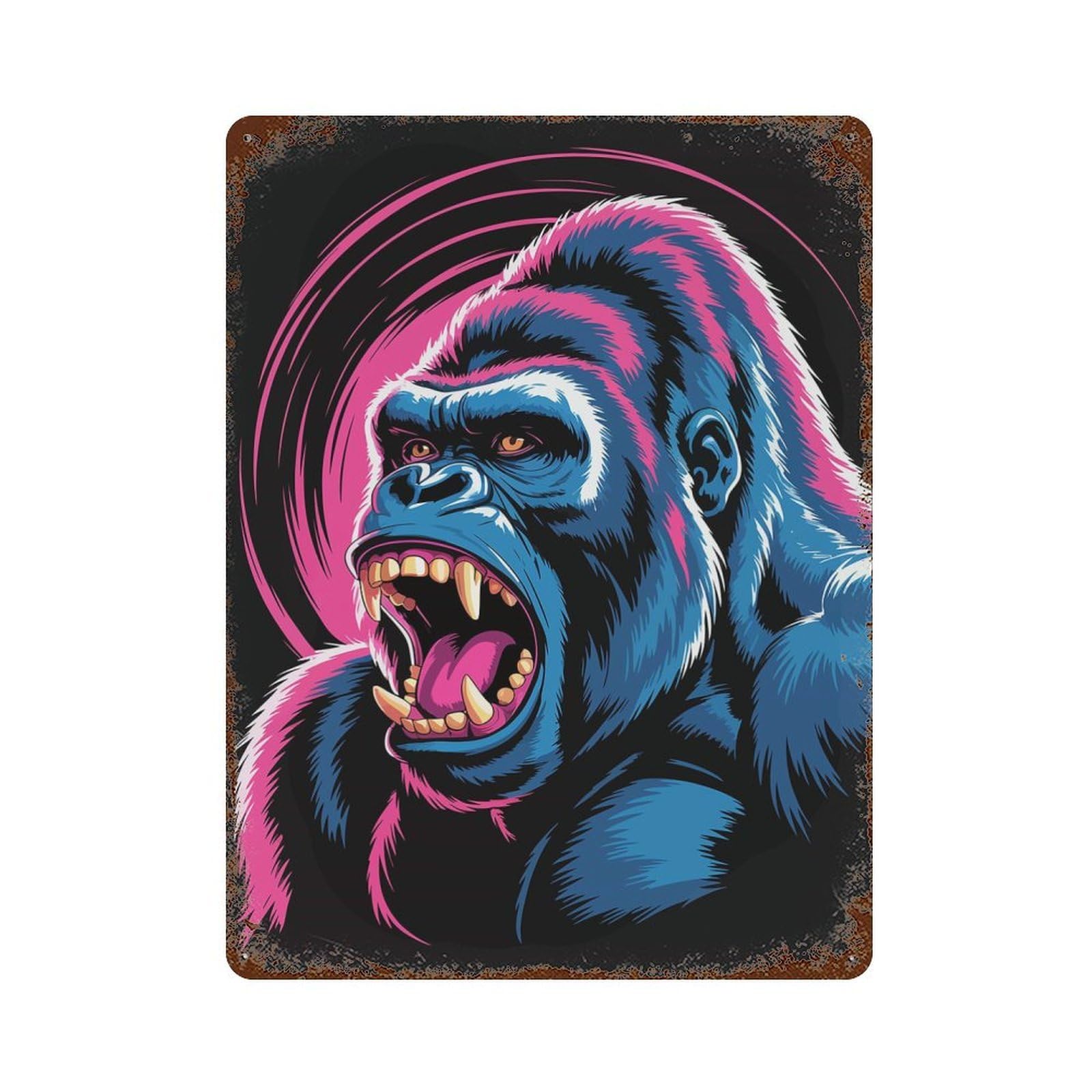 Roaring Gorilla with Pink Accents 15.7"x11.8" Rusty Metal Tin Sign, Farmhouse Wall Decor for Office, Studio And Wall Decor