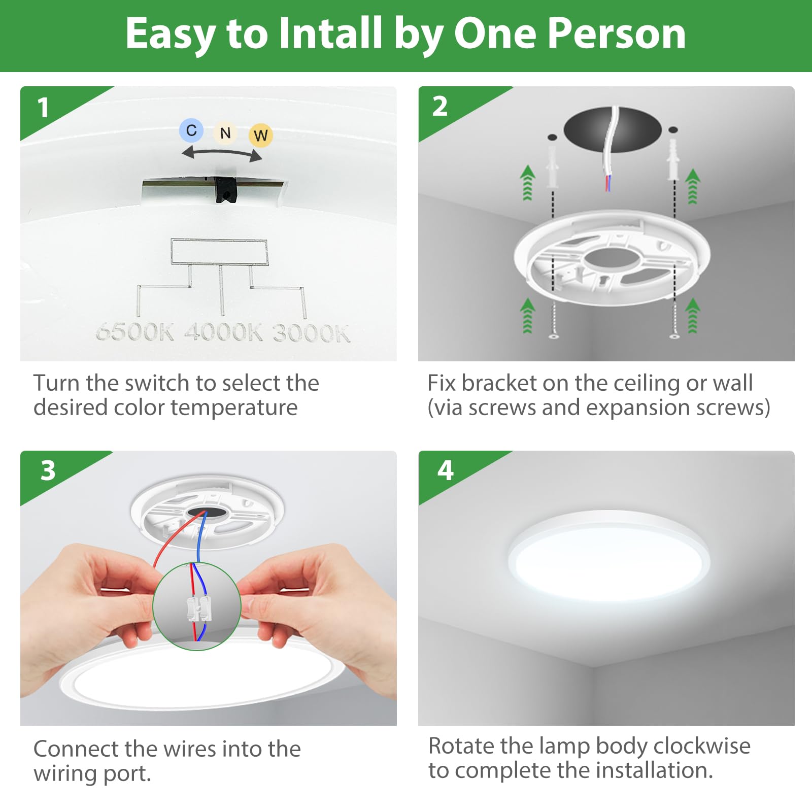 hepside Lot de 2 Plafonnier LED, Luminaire Salle de Bain 18W 3000K/4000K/6500K Sélectionnable, Moderne Très mince éclairage de Plafond Etanche IP44, Facile à Installer Ø 22cm