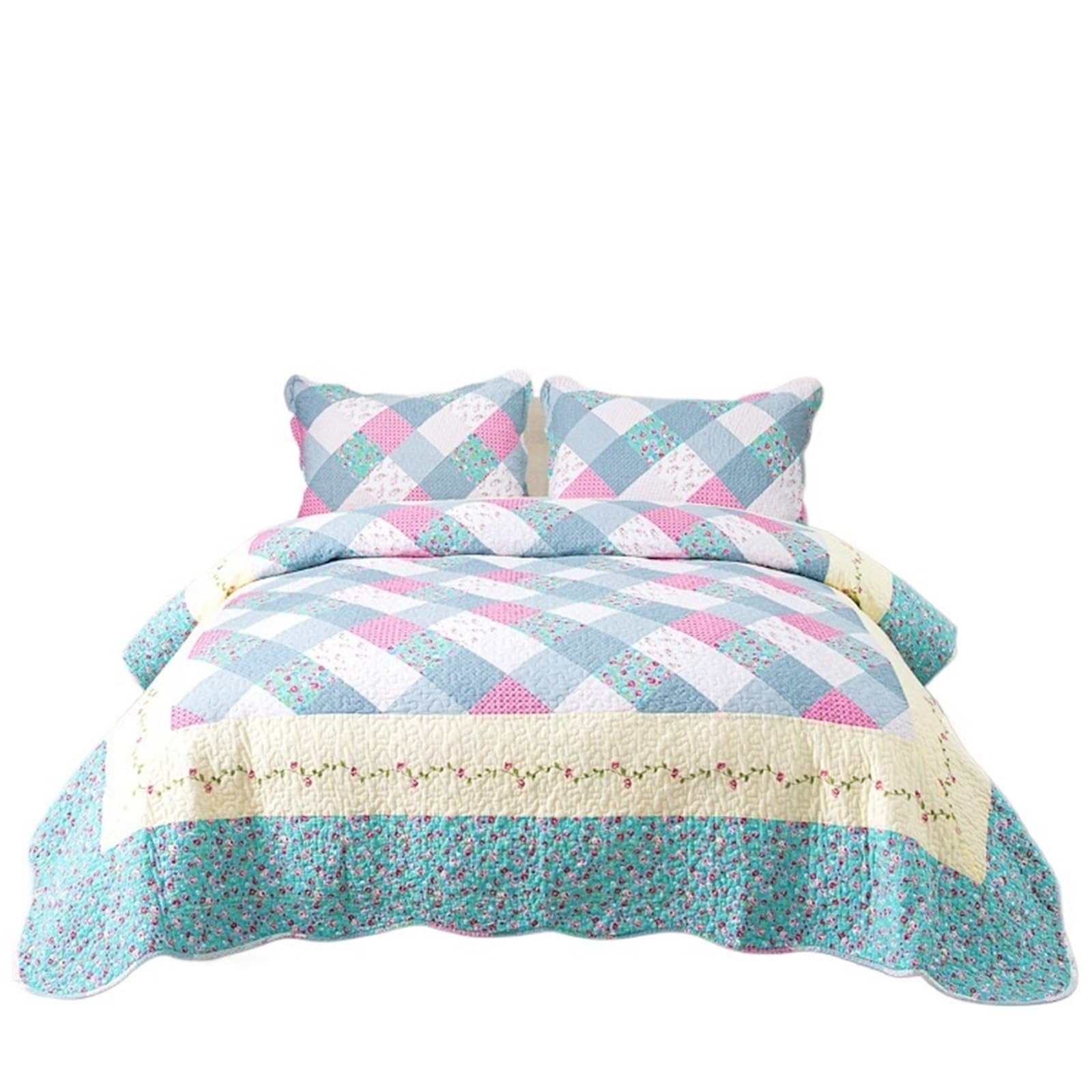 DAJGRHE Bedspread Plaid Cotton Quilt Set, Patchwork Blanket, Home Bedding, 3Pcs(Color 2)