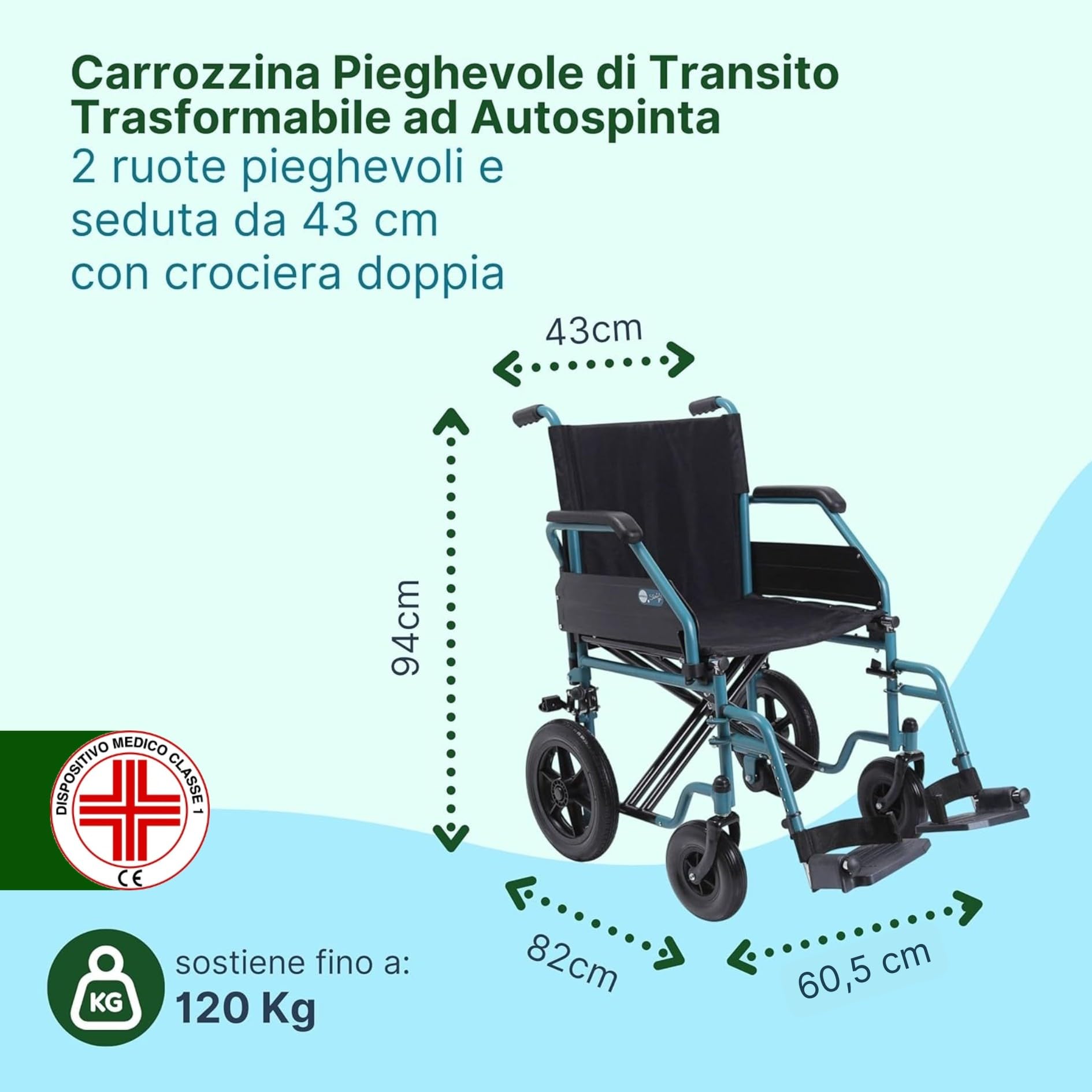Sedia a Rotelle Pieghevole Leggera da Transito, 43 cm, Azzurra | Carrozzina per Disabili Predisposta per Autospinta, Acciaio, Crociera Doppia, Ruote a Sgancio Rapido