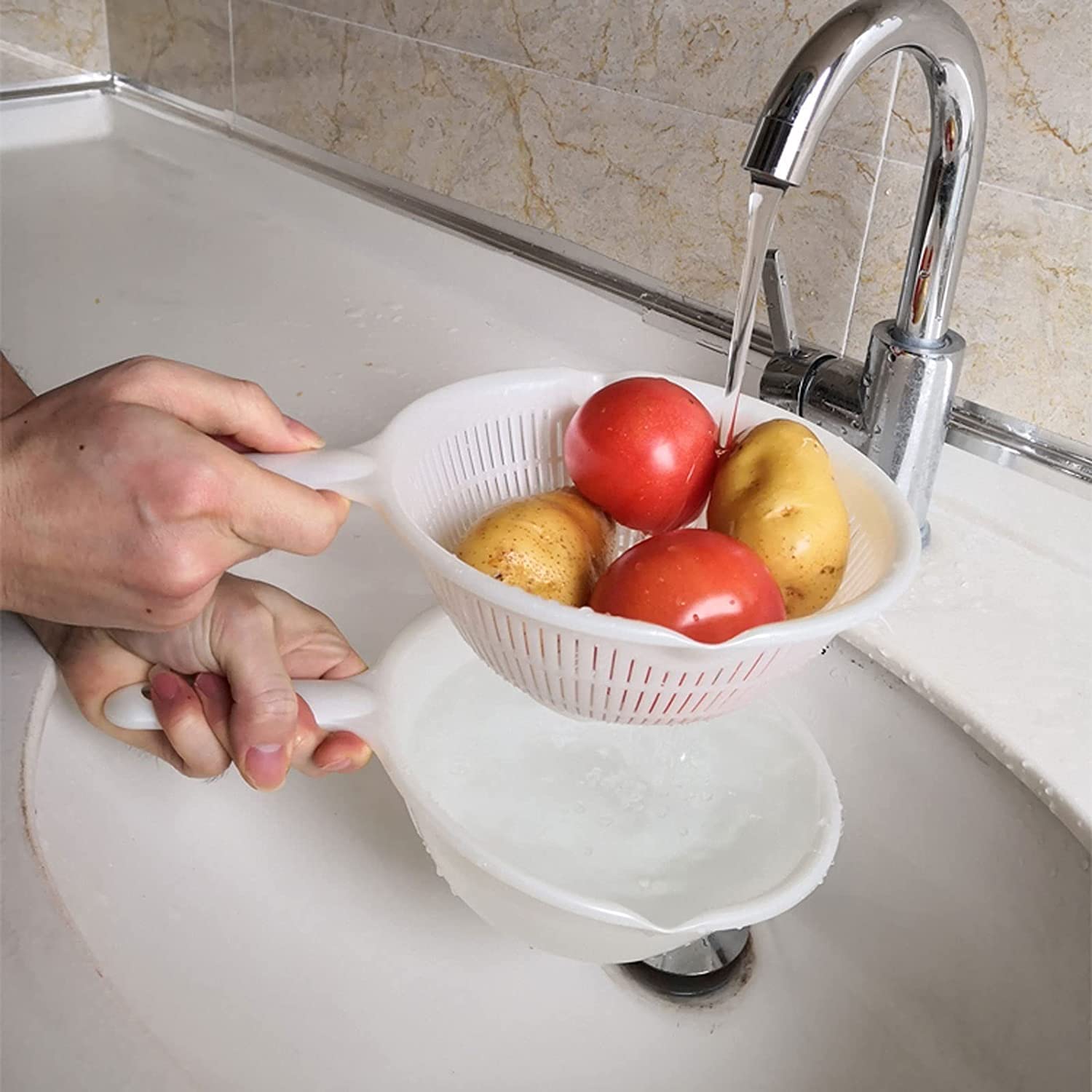 Colador, colador colador, colador colador cesta, colador fregadero colador cesta de drenaje colador de plástico con asa cocina doble capa cesta de drenaje de verduras 2 piezas conjunto de ensalada mix