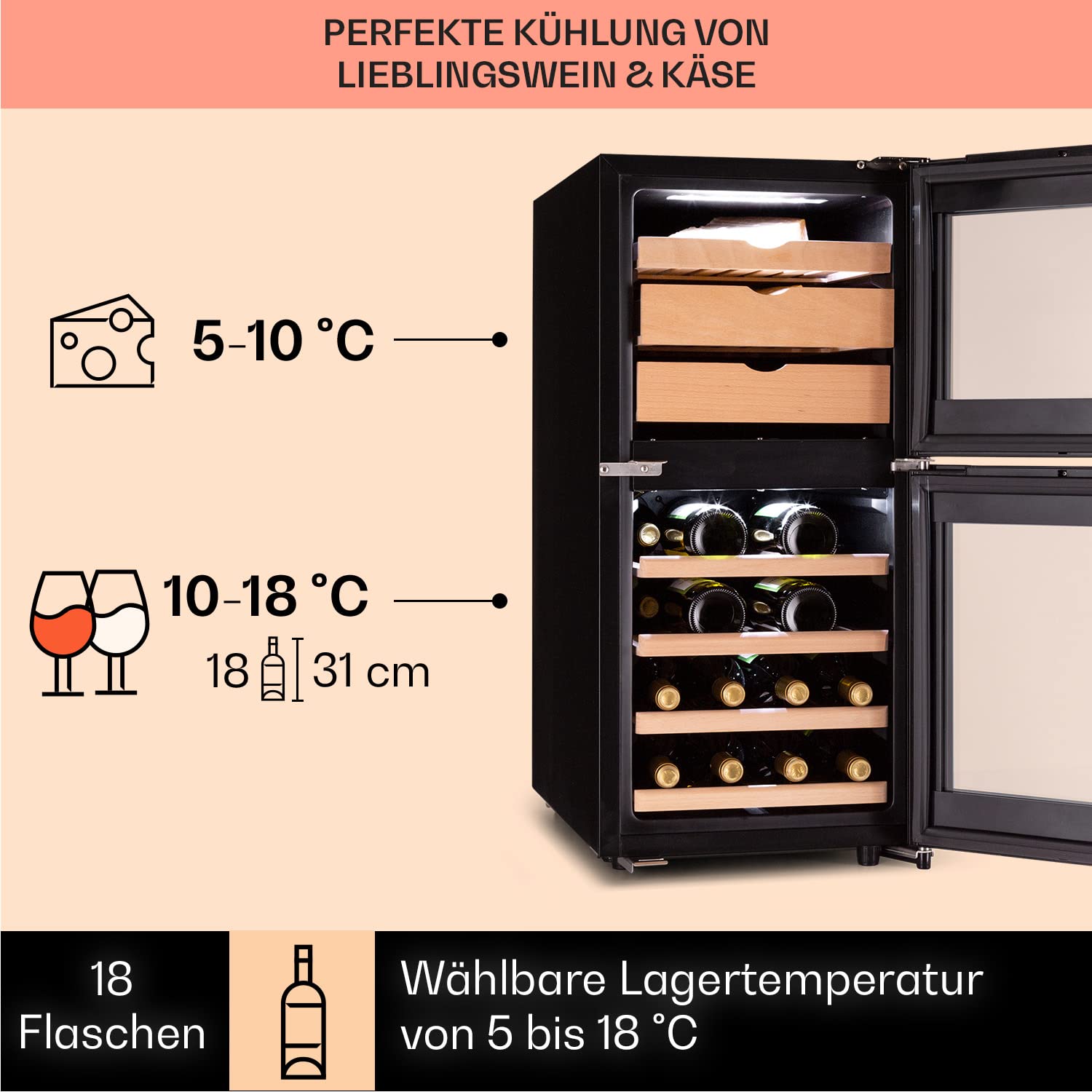 Klarstein Käse- und Weinkühlschrank 89L mit Glastür LED-Display Hygrometer 12-23°C