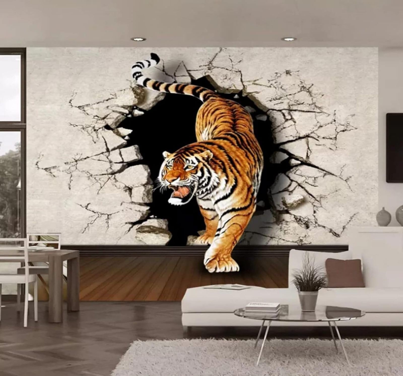 Xlming 350Cm×256Cm(B×H) Minimalist Three Dimensional Tiger Breaking Through A Wall Unique 3D Wallpaper Luxury Silk Study Dining Feature Sofa Grey Bedroom Living Room Tv Decorative Wall-350Cm×256Cm