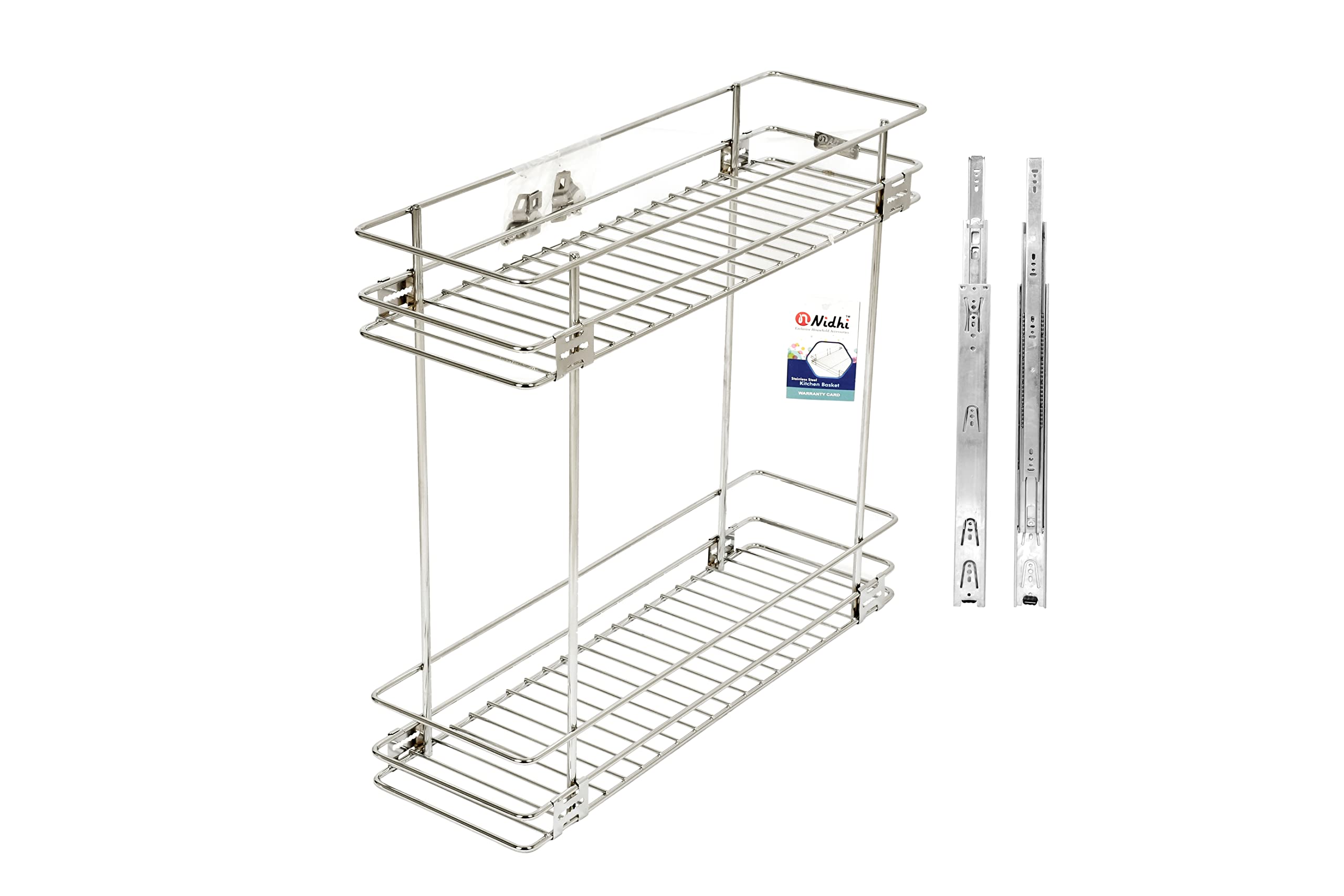 NNIDHI Stainless Steel Countertop Tiered Shelf Modular Bottle Pullout Basket For Modular Kitchen | Double Pullout Basket | Modular Kitchen Rack | Kitchen Organizer - 7Mm (4W X 20D X 17H Inches.)