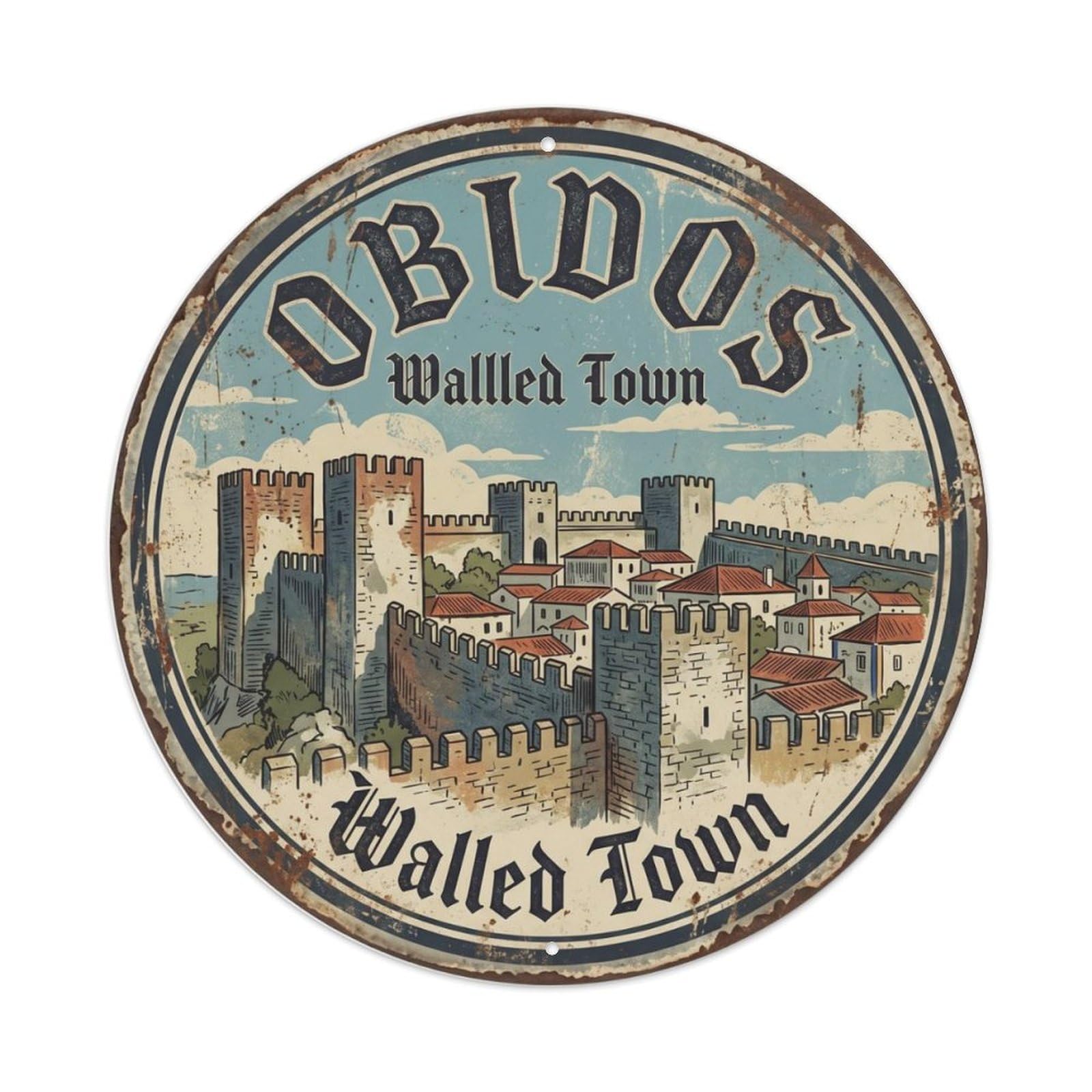 Vintage Travel Fortified Portugal Obidos Metal Tin Sign Plaque Wall Decor for Cafe, Club, Garden Round Metal Poster 8x8Inch