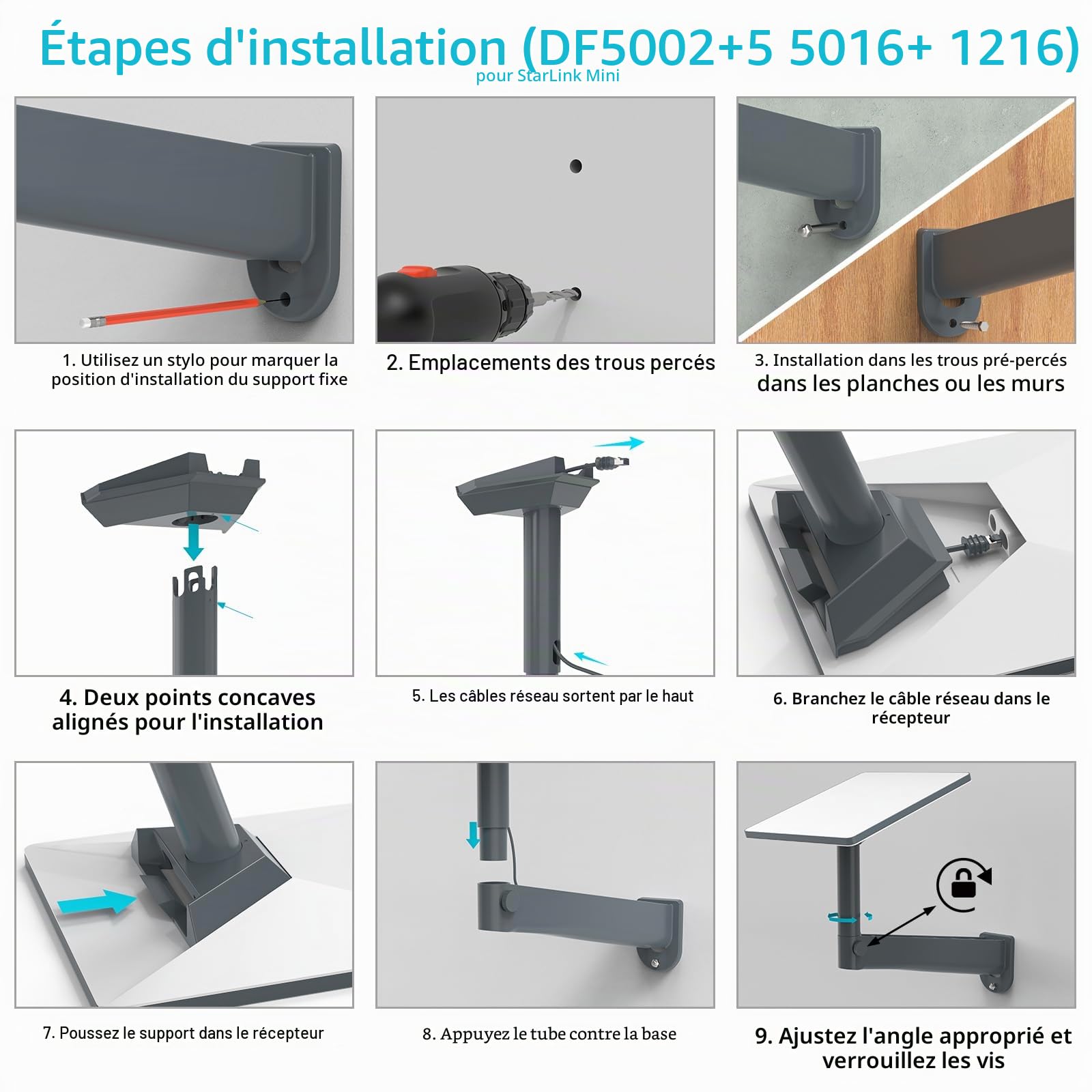 HOLACA Support amélioré pour Starlink Gen 3/Mini - Réglable Long Montage Mural avec Kit de Montage pour Internet Kit Satellite