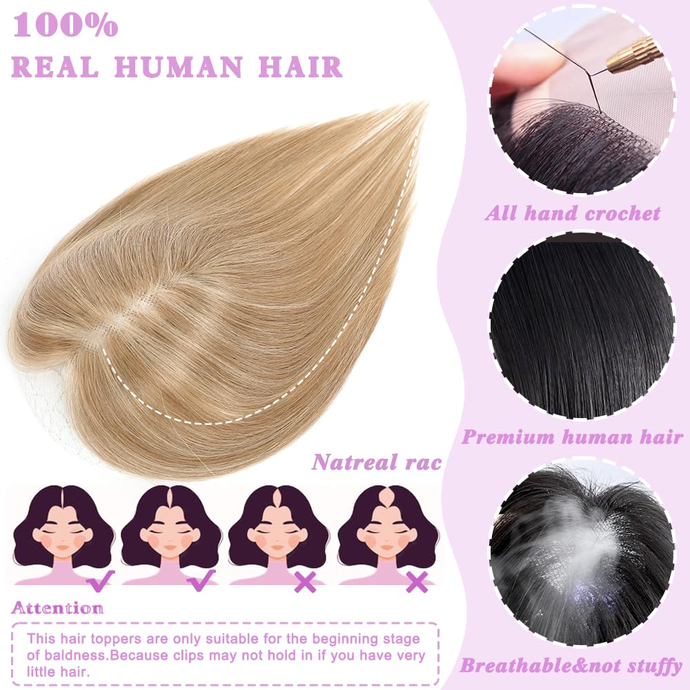 Haaraufsätze für Frauen Echthaar-Clip-In 25,4 cm Schweizer Basis Haarteile für dünnes Haar, Haarverlust-Abdeckung (Aschbraun mit Blond)#1016