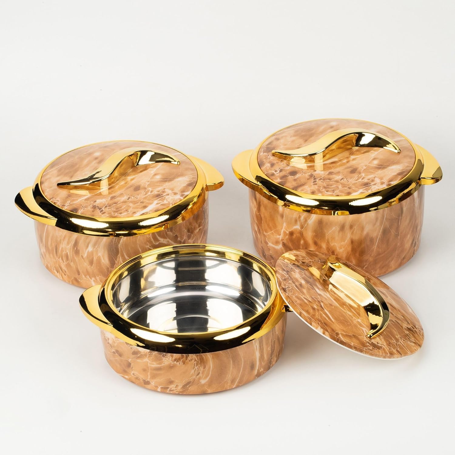 Ensemble De 3 Plats à Four Isothermes Haut De Gamme avec Couvercles - Récipients en Acier Inoxydable pour Aliments Chauds Et Froids, Parfaits pour Les Buffets Et Les Marble Bronze 2.6/2.1/1.6 QT