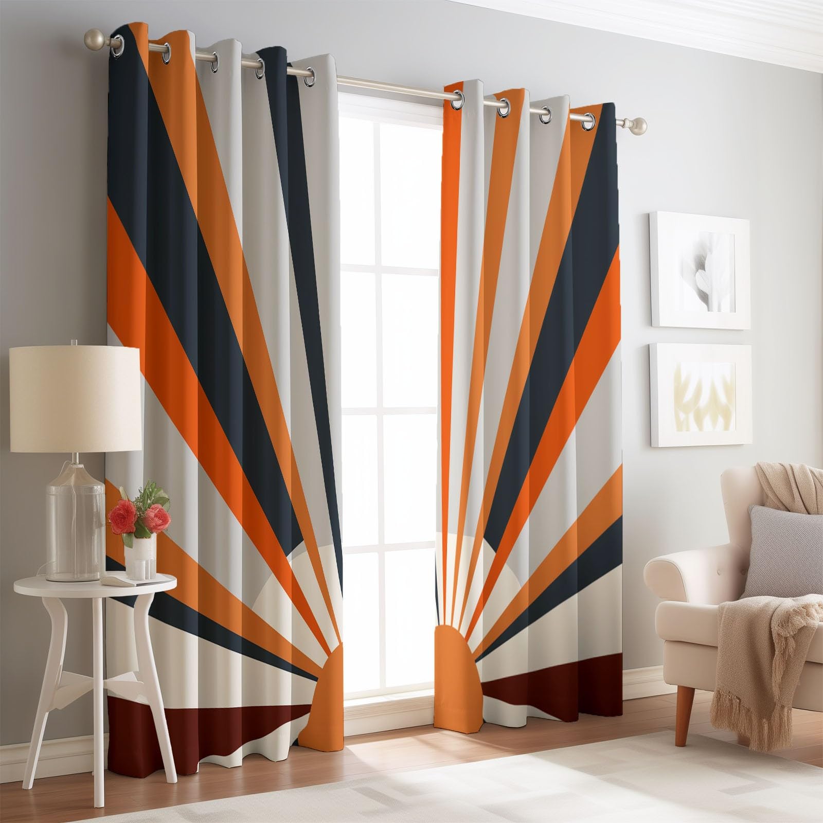 Isolant Anti-Froid et Chaleur, Rideaux Thermiques 91.5L X 160H cm (2 Panneaux), Rayons De Soleil Abstraits pour Chambre d'enfant, Gris Orange