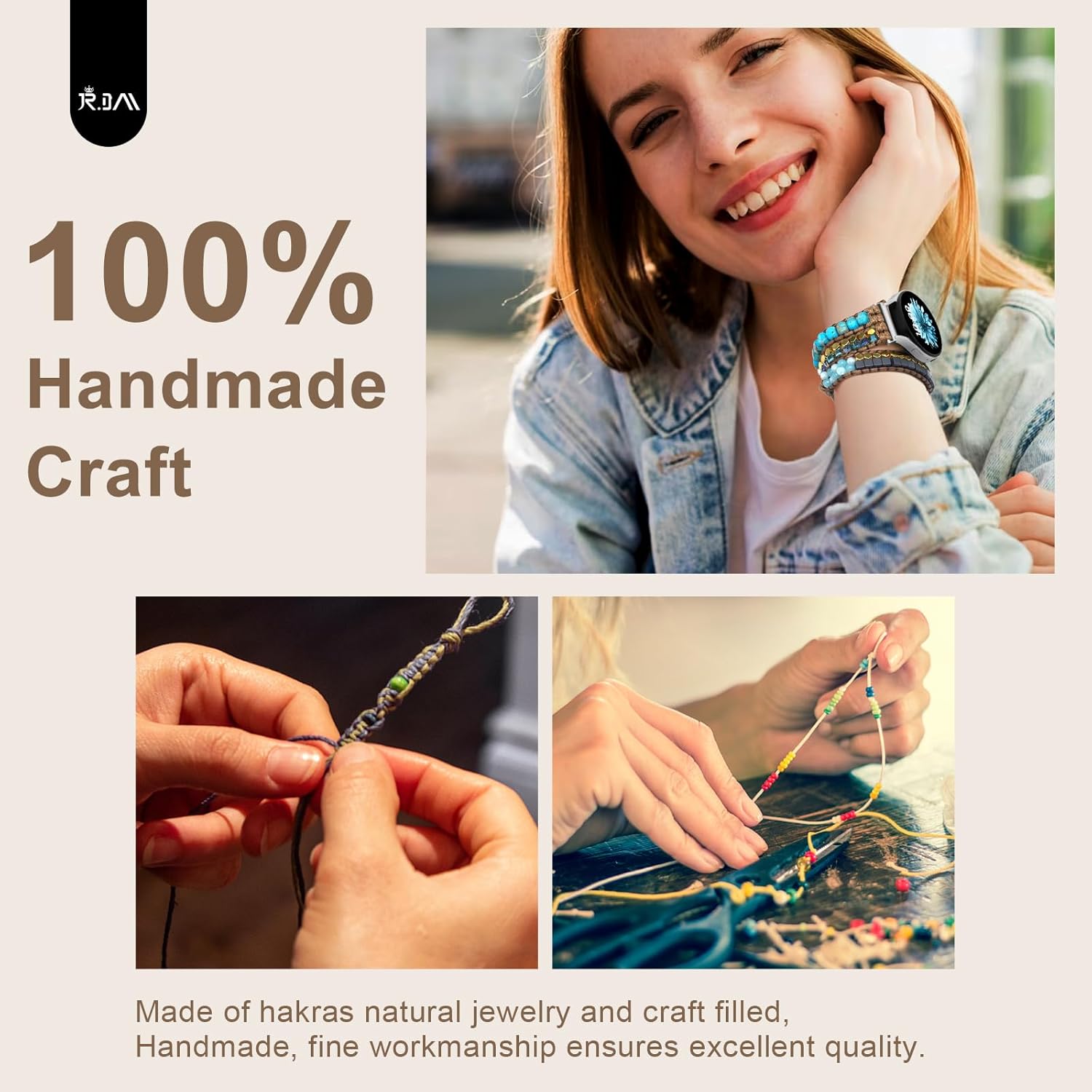 JR.DM Boho Beaded Handmade Braided Bracelet Band Women 20mm Compatible with Samsung Galaxy Watch 7/6/5/4/Active 2/4 Classic/6 Classic/5 Pro/FE 40mm 42mm 43mm 44mm 45mm 46mm 47mm - Image 3