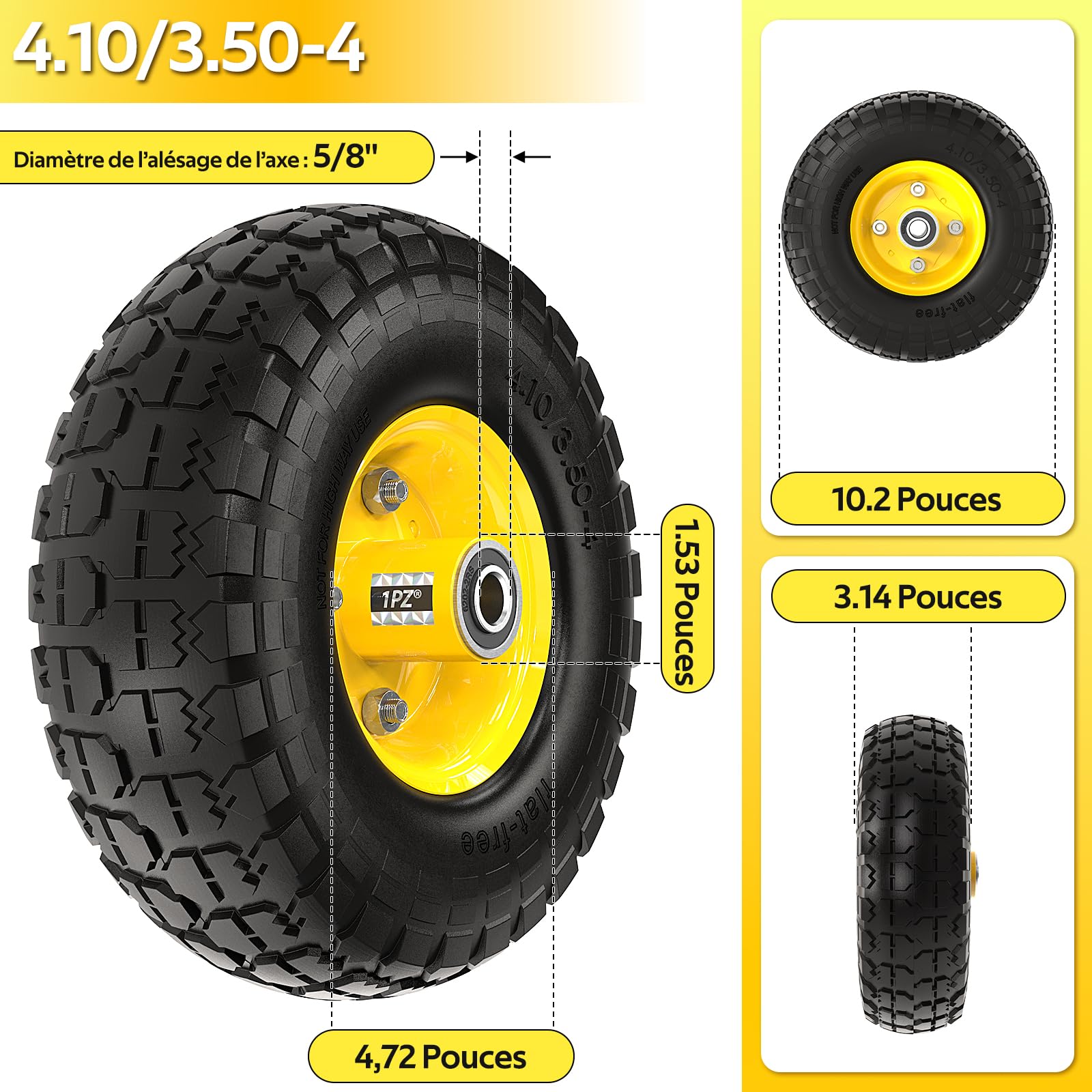 1PZ FR3-LQ8 4.10/3.50-4 Pneu plein 255 mm 10 pouces Roue Complète Roue Increvable pour Diable Chariot Brouette Charge maximale de 400 livres 2 pièces