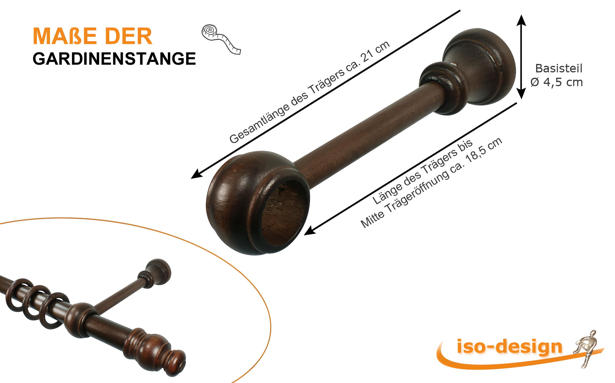 iso-design Gardinenstange aus Holz mit 28 mm Durchmesser in Nußbaum, viele Größen, Endstück MQ, Gardinenstange zur Wand- oder Deckenmontage 240 cm (mittig geteilt)