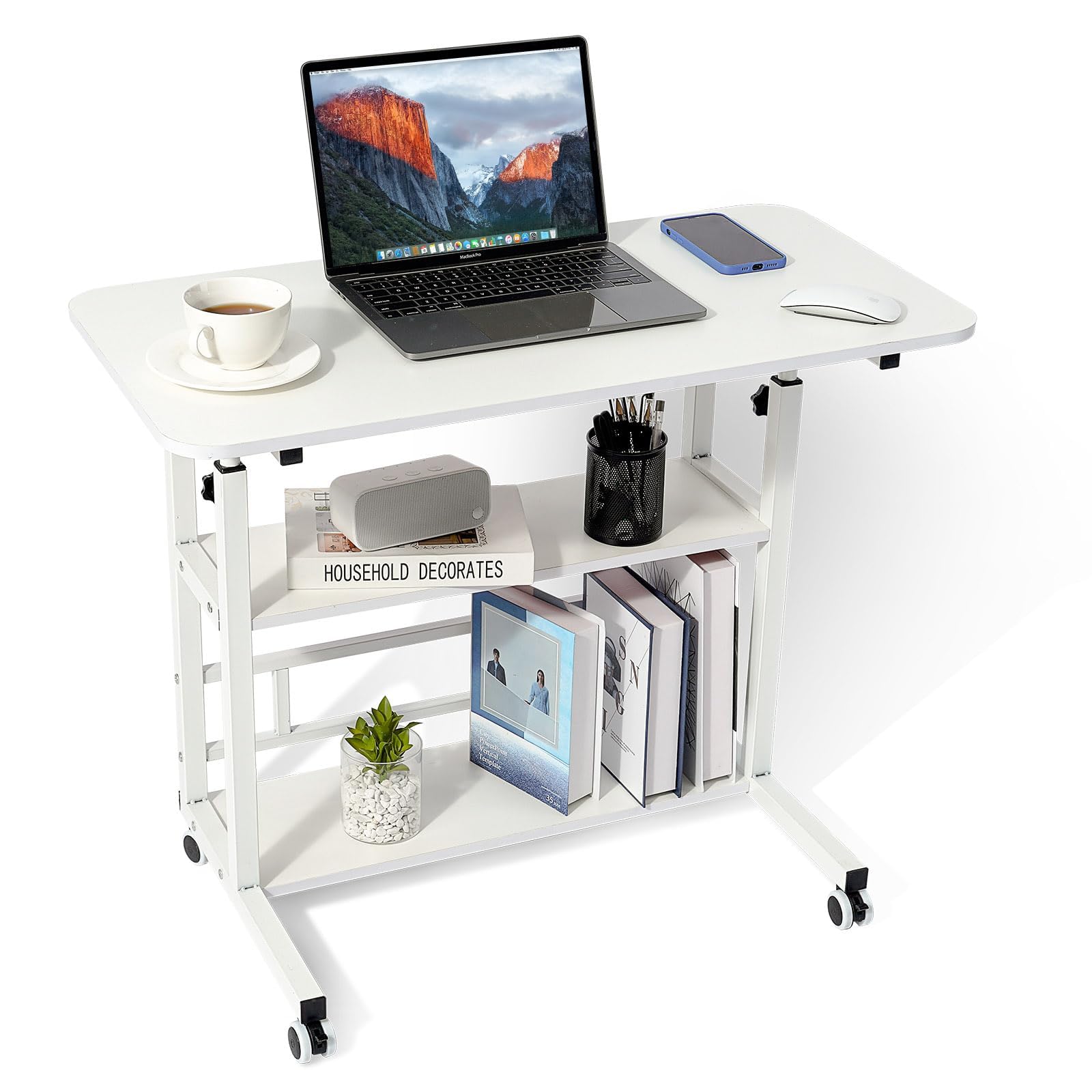 VPHOME Adjustable Height Student Computer Desk, Mobile Portable Laptop Table for Home Office, 32" Small Spaces Standing Desk with Storage for Bedside Study Work Game on Wheels (White, 80*40*(60-90)cm)