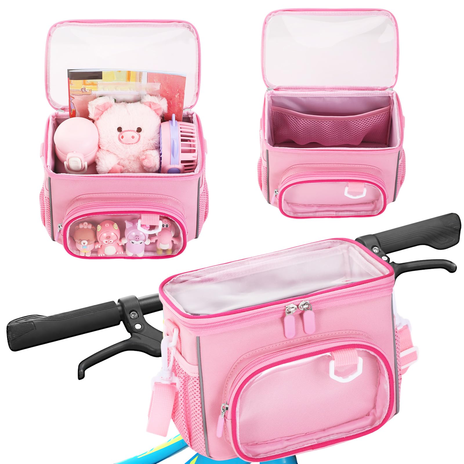 Kids Bike Basket, Front Frame Handlebar Bag with Clear Lid and Shoulder Strap for Scooter Tricycle Bicycle, Easy To Install Bicycle Handlebar Bag Organizer for Girls & Boys Scooter Bike Accessories