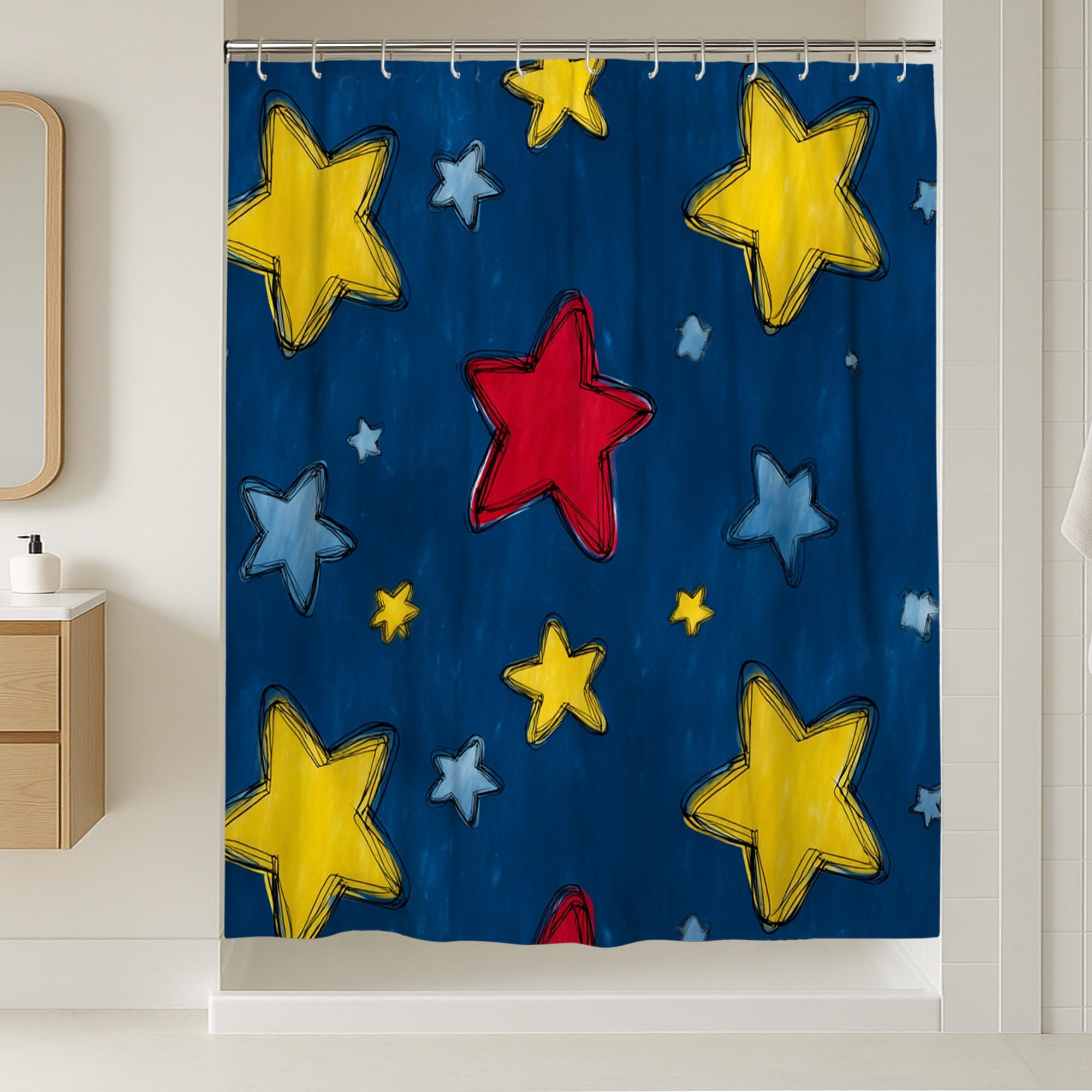 Rideau de douche en tissu de qualité supérieure motif étoiles jaunes