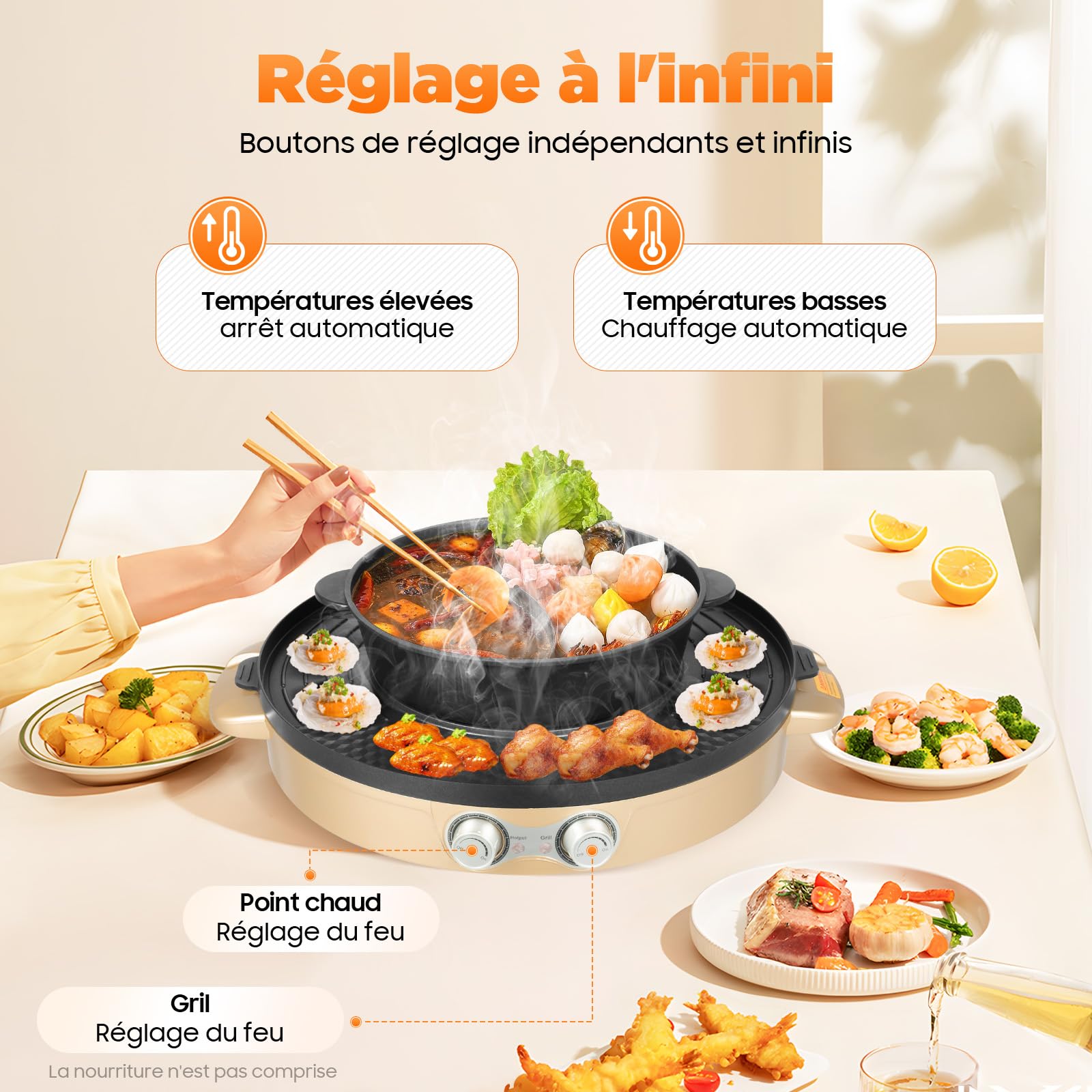 Appareil Fondue Chinoise Hot Pot 2 en 1, 2200 W Electrique Barbecue Coréen de Table avec Revêtement Antiadhésif, Portable Casserole Électrique Amovible pour Hot Pot BBQ Coréen, 52x18.5cm