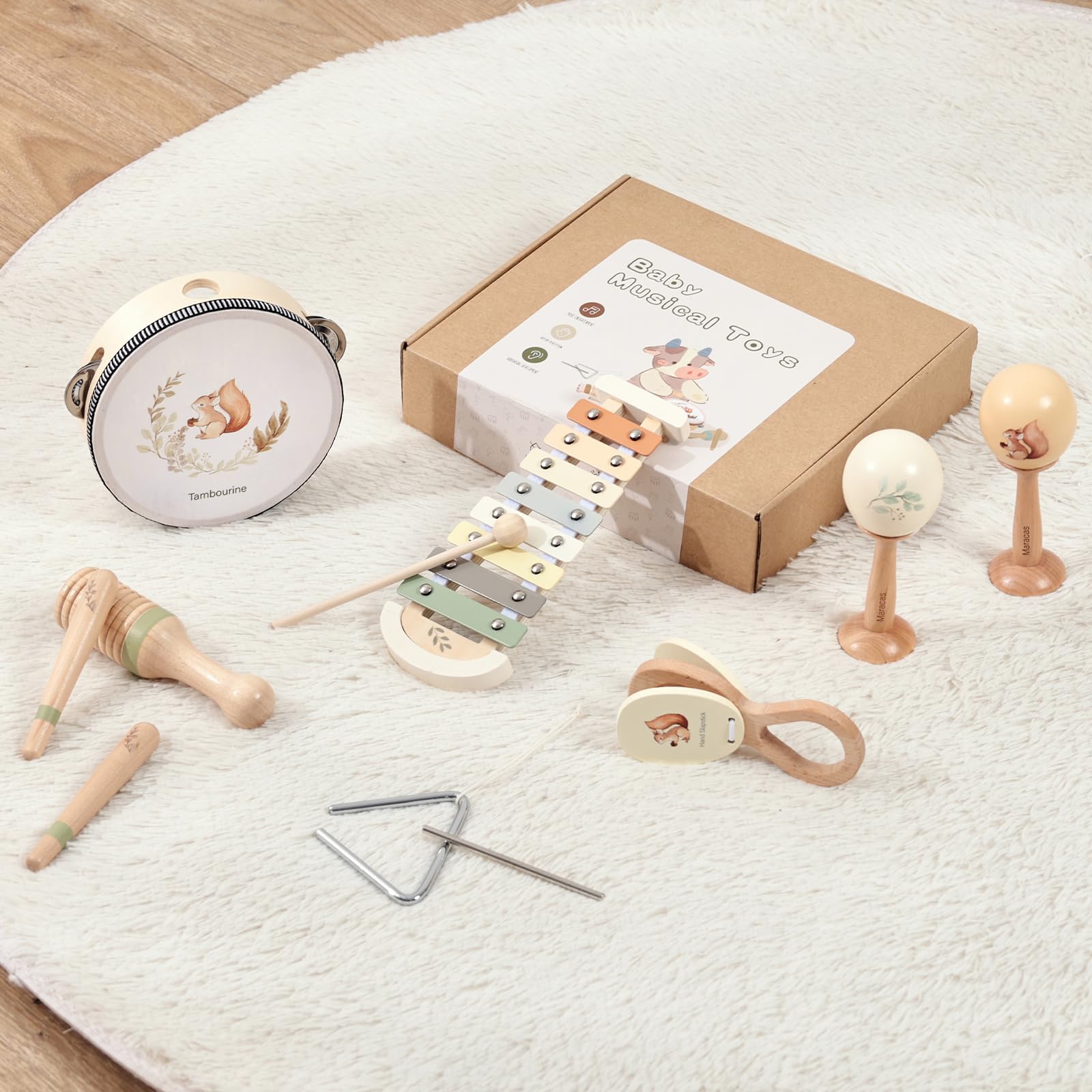 OESSUF Strumenti musicali per bambino a partire da 1 anno, xilofono e tamburello in legno, giocattoli Montessori a partire da 1 2 3 anni