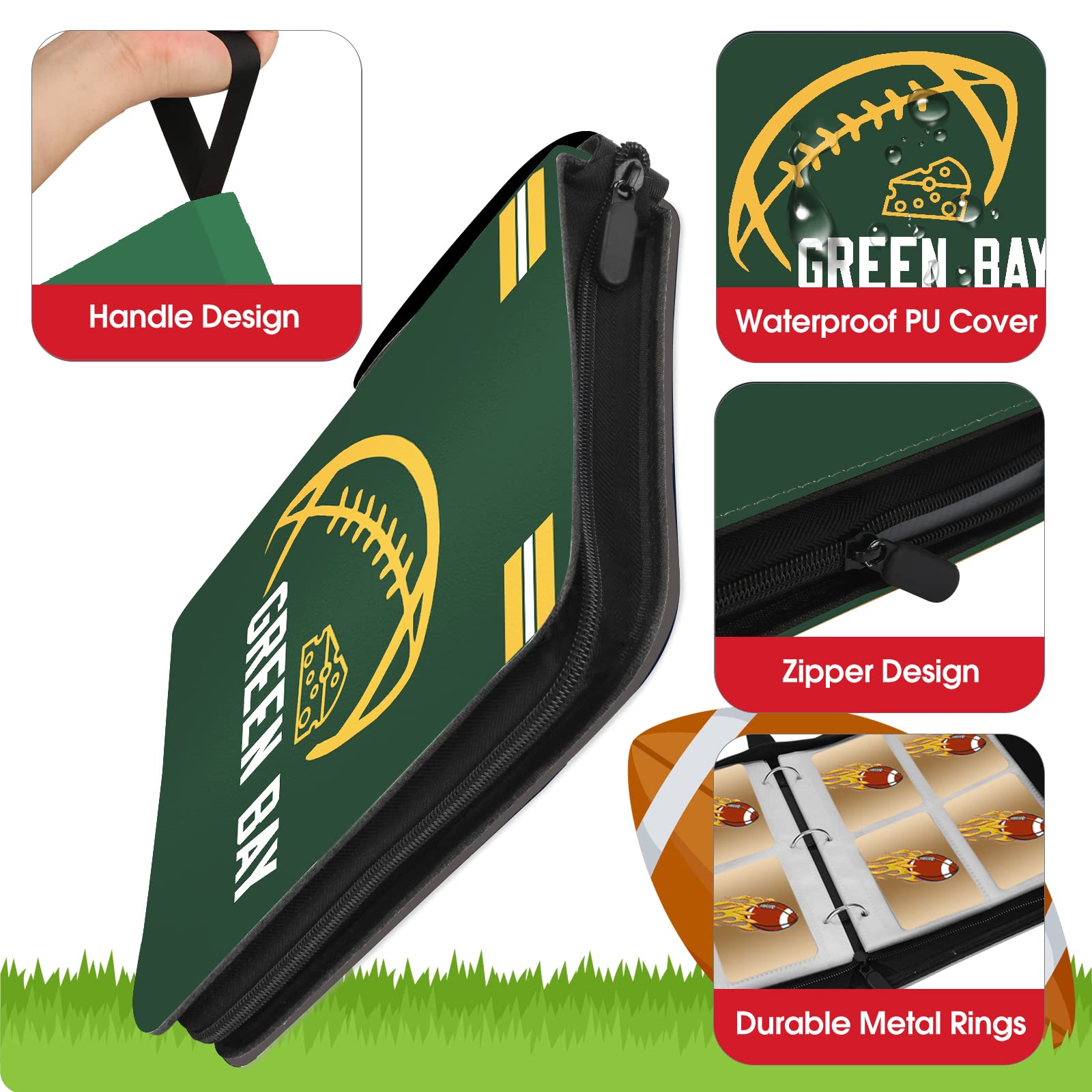 Raccoglitore per carte da calcio con maniche, 400 tasche, porta carte da calcio Green Bay per carte collezionabili Sport Card Raccoglitore a 3 anelli Cartella per collezionisti di calcio Custodia per