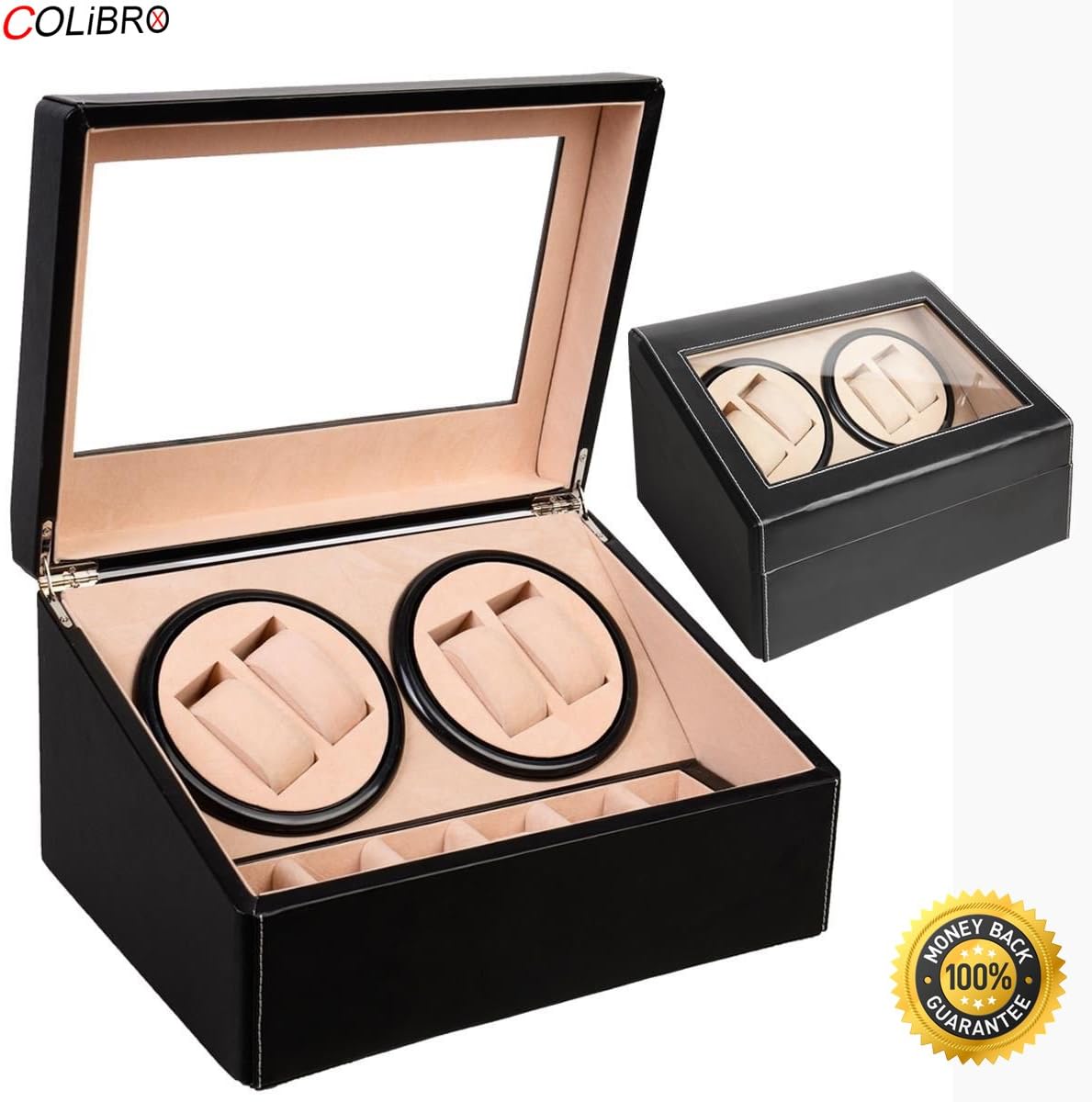 COLIBROX -- 4+6 Automatic Rotation Leather Wood Watch Winder Storage Display Case Box Black-Itt