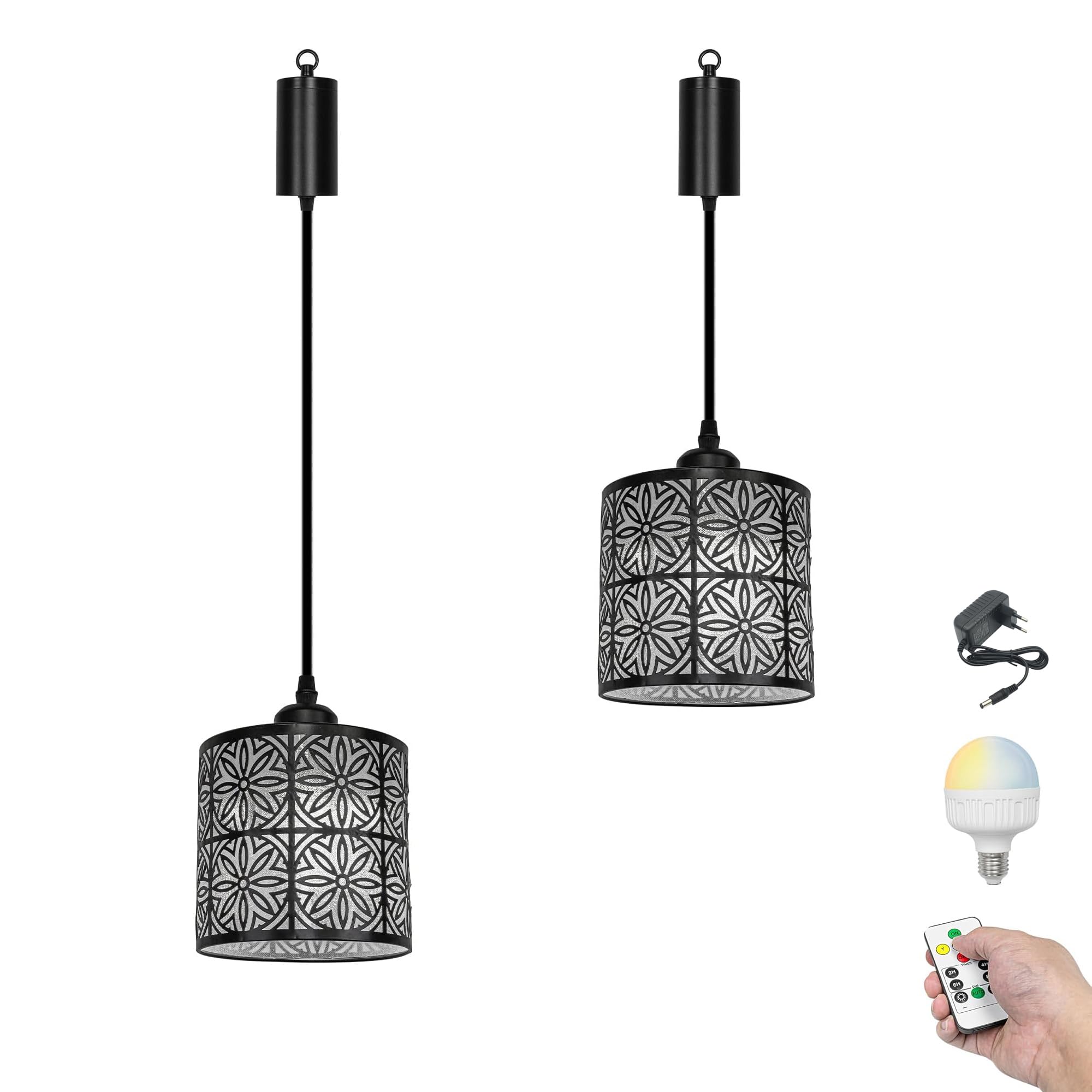 Dimmbare Hängelampe mit Batterie Innen,2er-Satz Metall Hängeleuchte Batteriebetriebene Lampe, Pendelleuchte ohne Strom Stromanschluss für Küche Nachttischcafé,Schwarz XDD468TB