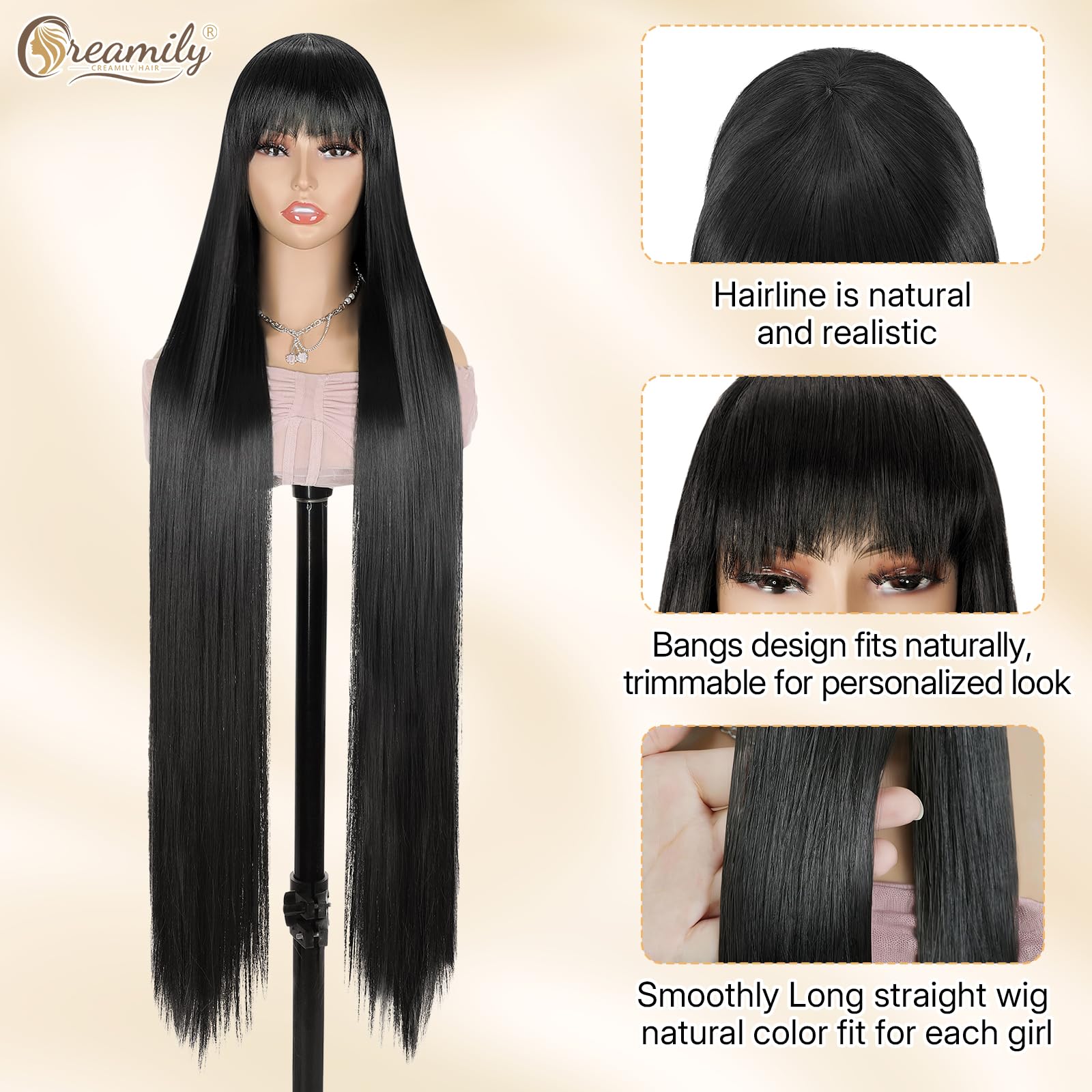 Creamily 40" Long Black Straight Full Head Wigs with Bang for Women | Heat-Resistant Synthetic Hair Wigs for Women with Natural Shine | Extra-Length Hair Wig for Women Ideal for Indian Festivals/Weddings/Daily Use (Black, 40 inch) 2